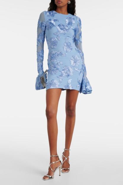 Embroidered Long Sleeve Backless Mini Dress
