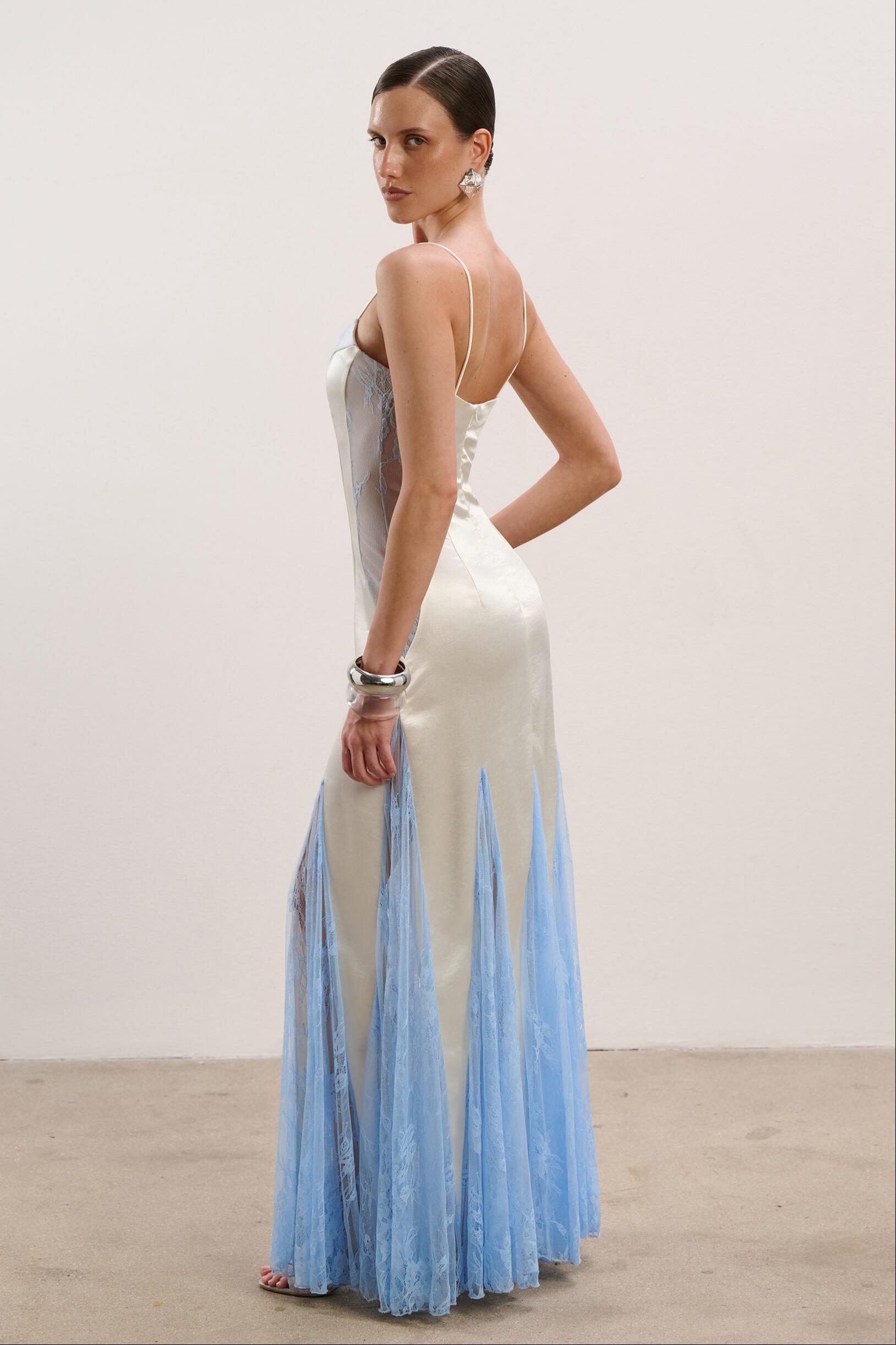 Satin Splicing Lace See-Through Maxi Dress
