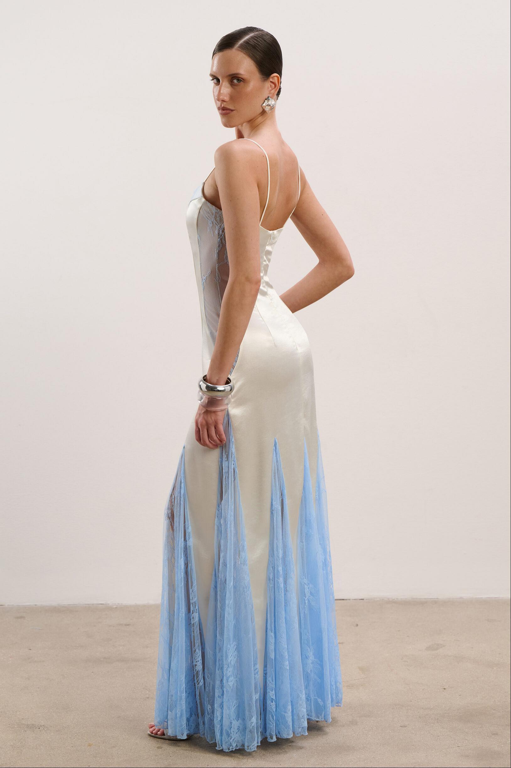 Satin Splicing Lace See-Through Maxi Dress