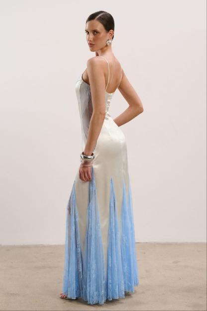 Satin Splicing Lace See-Through Maxi Dress