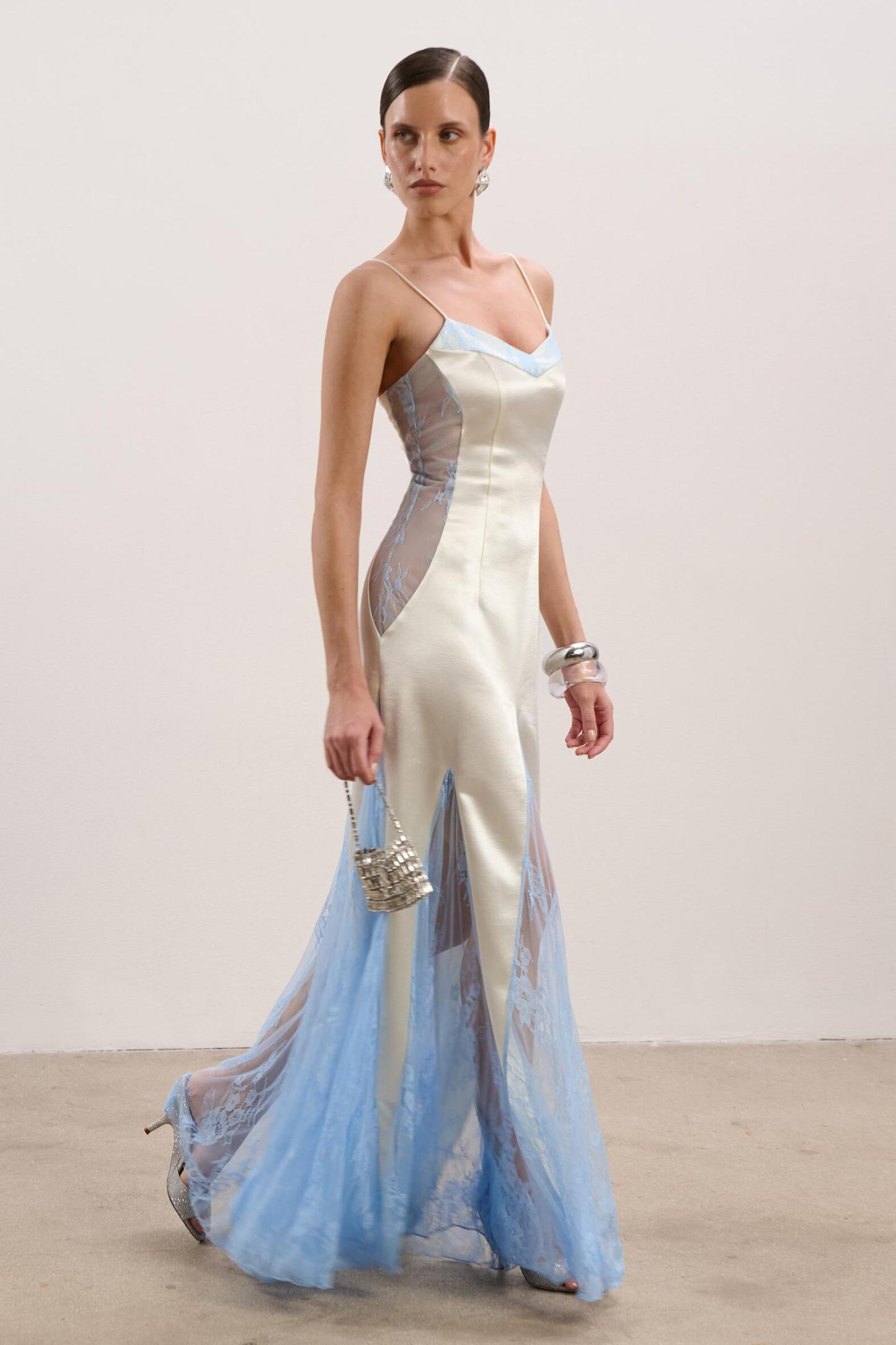 Satin Splicing Lace See-Through Maxi Dress