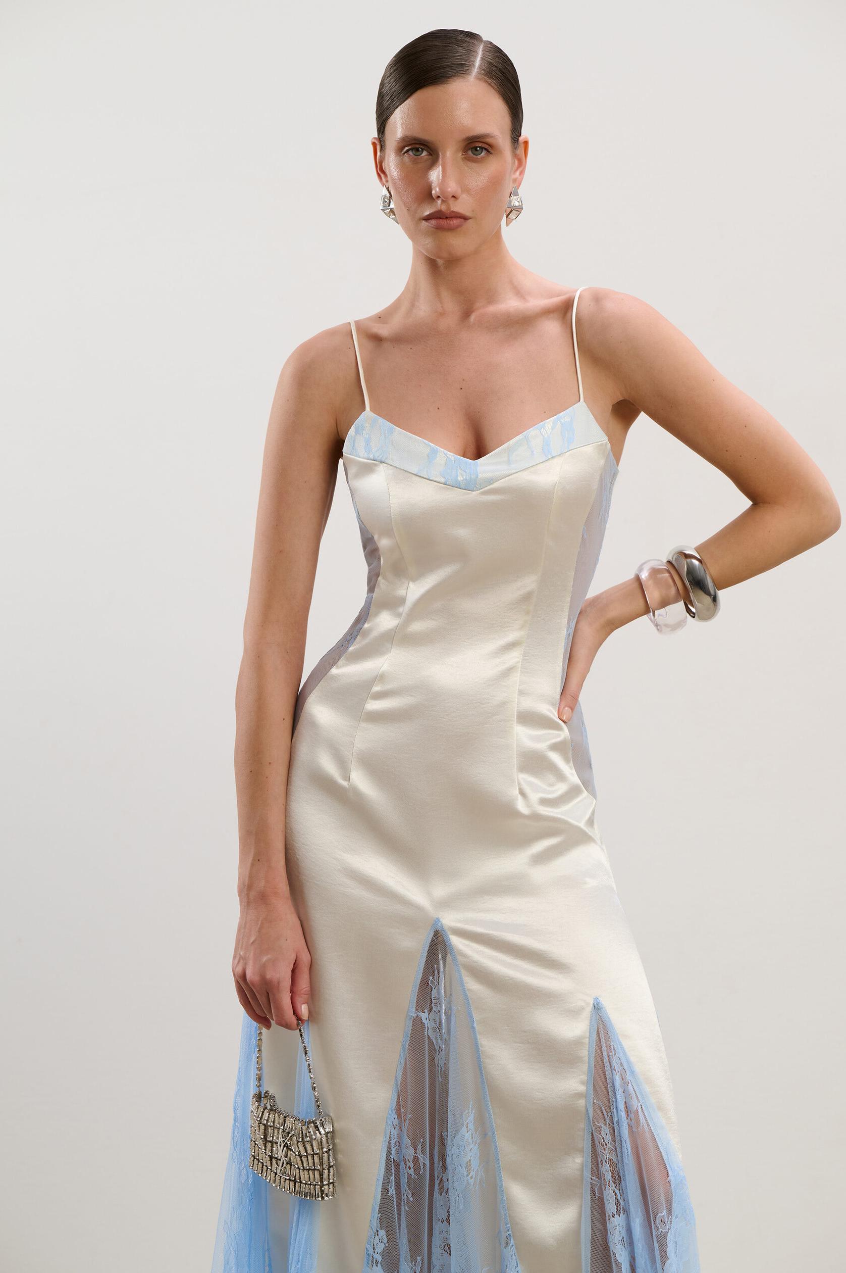 Satin Splicing Lace See-Through Maxi Dress