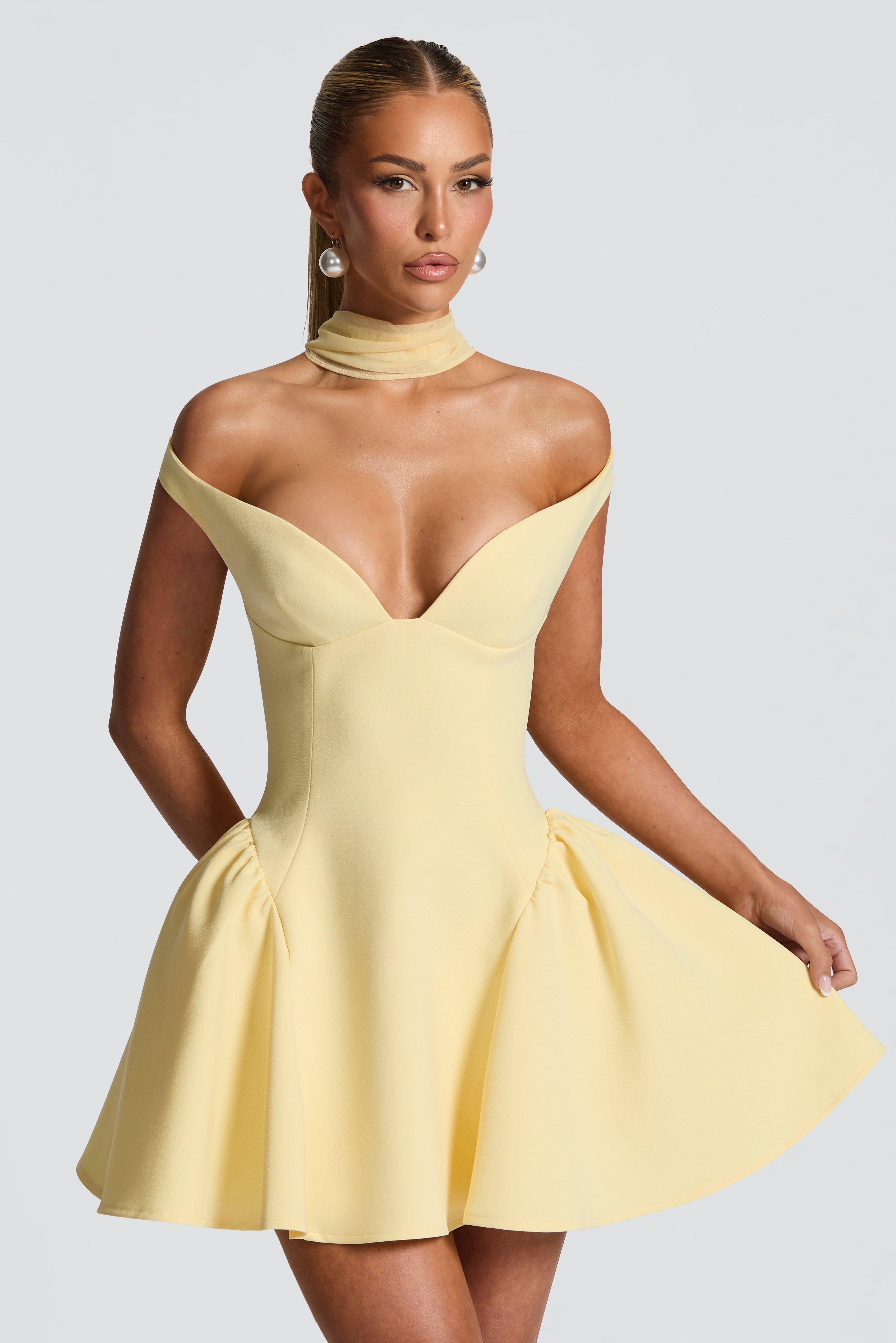 Solid Off Shoulder Gathering Mini Dress