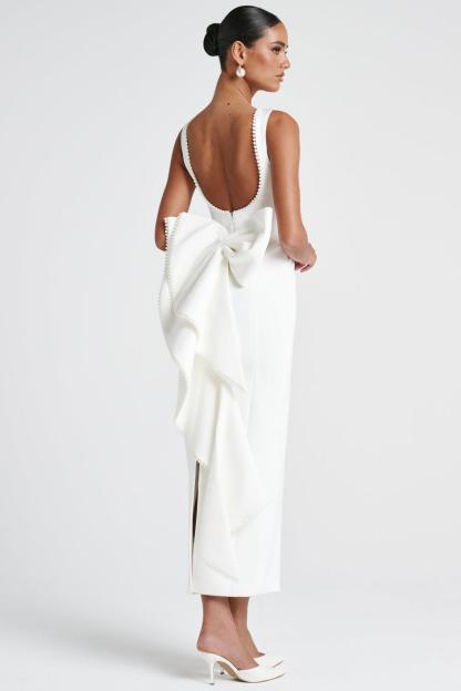 Solid Faux Pearl Bow Midi Dress