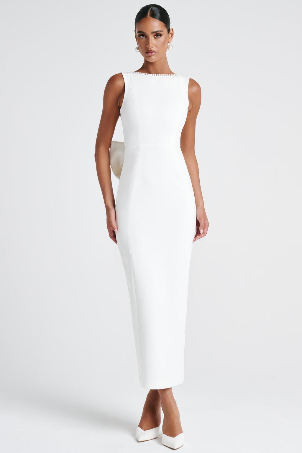 Solid Faux Pearl Bow Midi Dress