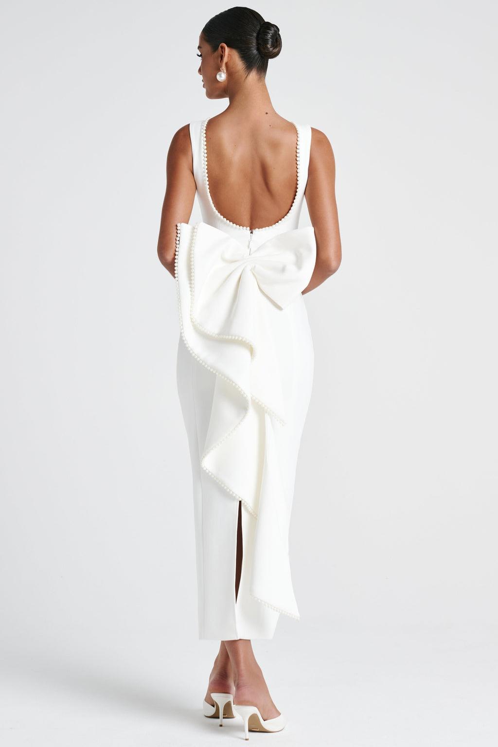 Solid Faux Pearl Bow Midi Dress