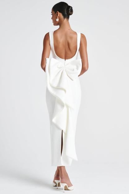 Solid Faux Pearl Bow Midi Dress