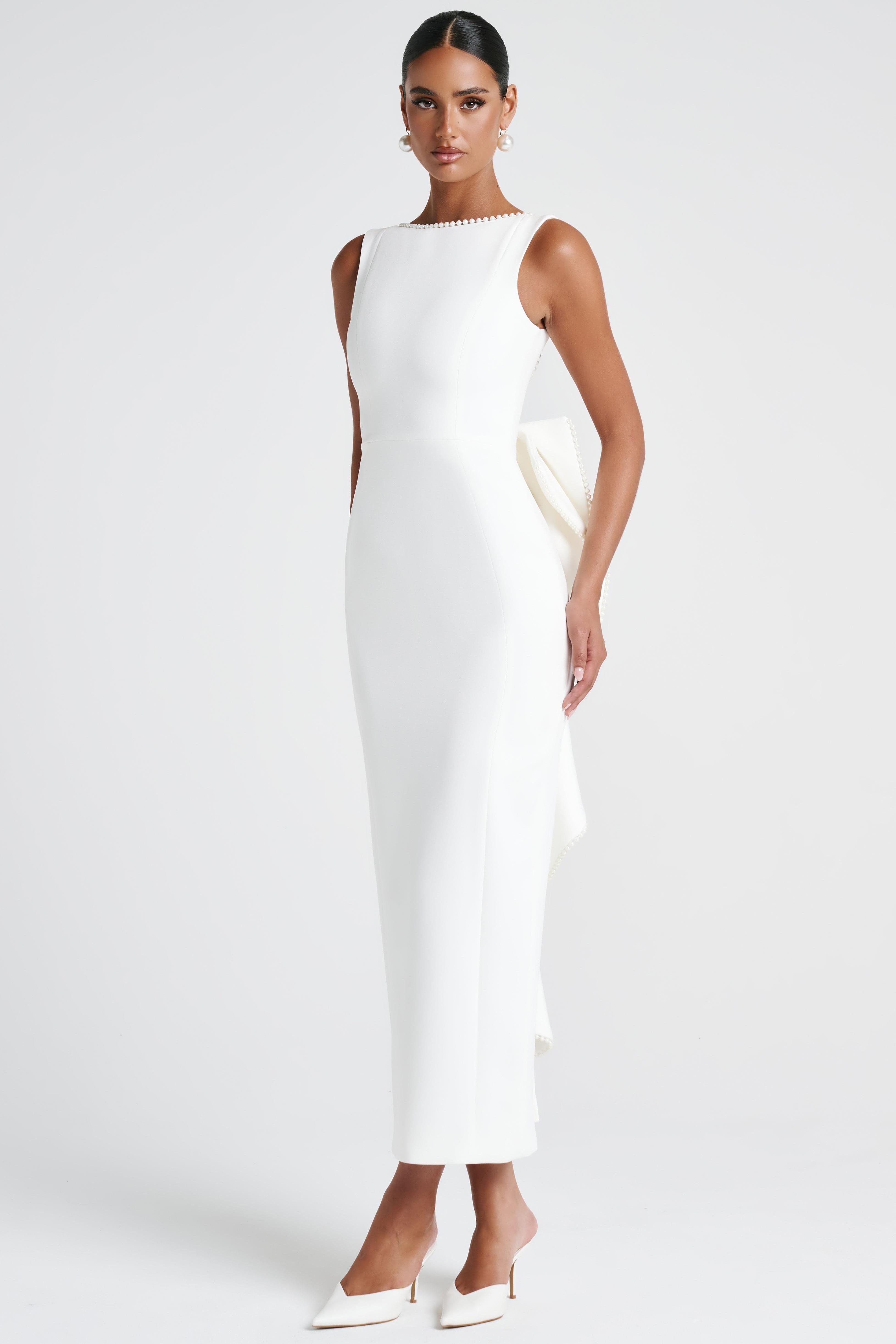 Solid Faux Pearl Bow Midi Dress