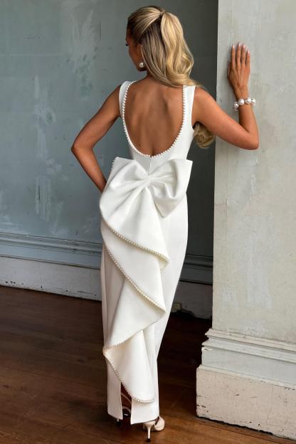 Solid Faux Pearl Bow Midi Dress