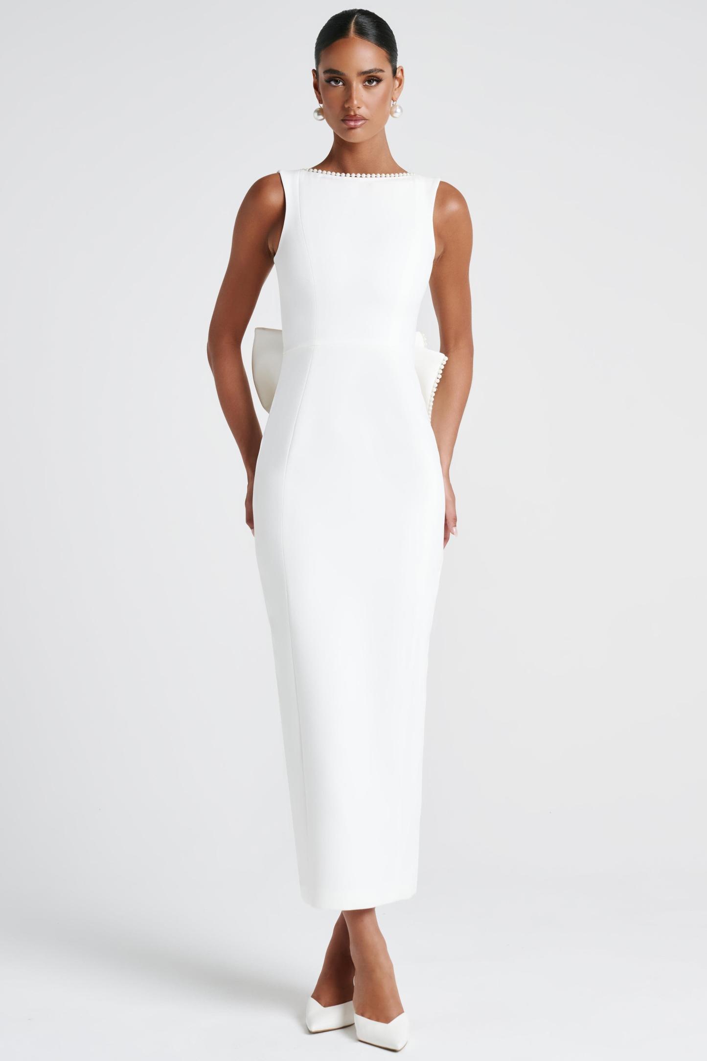 Solid Faux Pearl Bow Midi Dress
