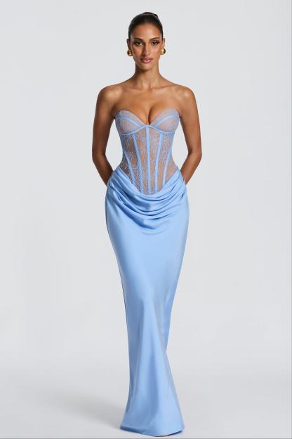 Lace Splicing Jersey Strapless Maxi Dress