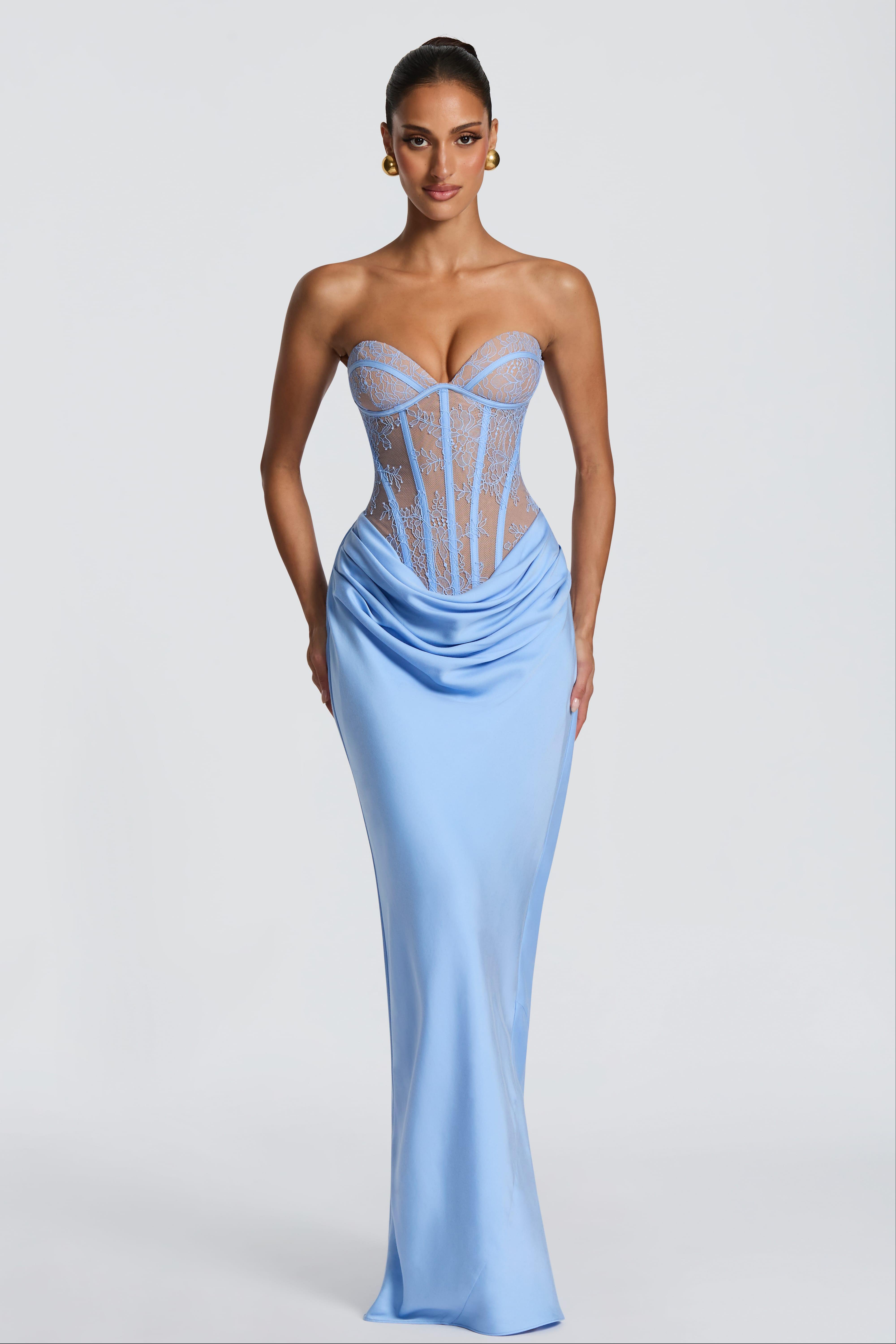 Lace Splicing Jersey Strapless Maxi Dress