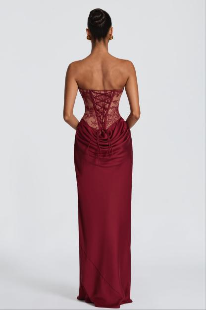 Lace Splicing Jersey Strapless Maxi Dress