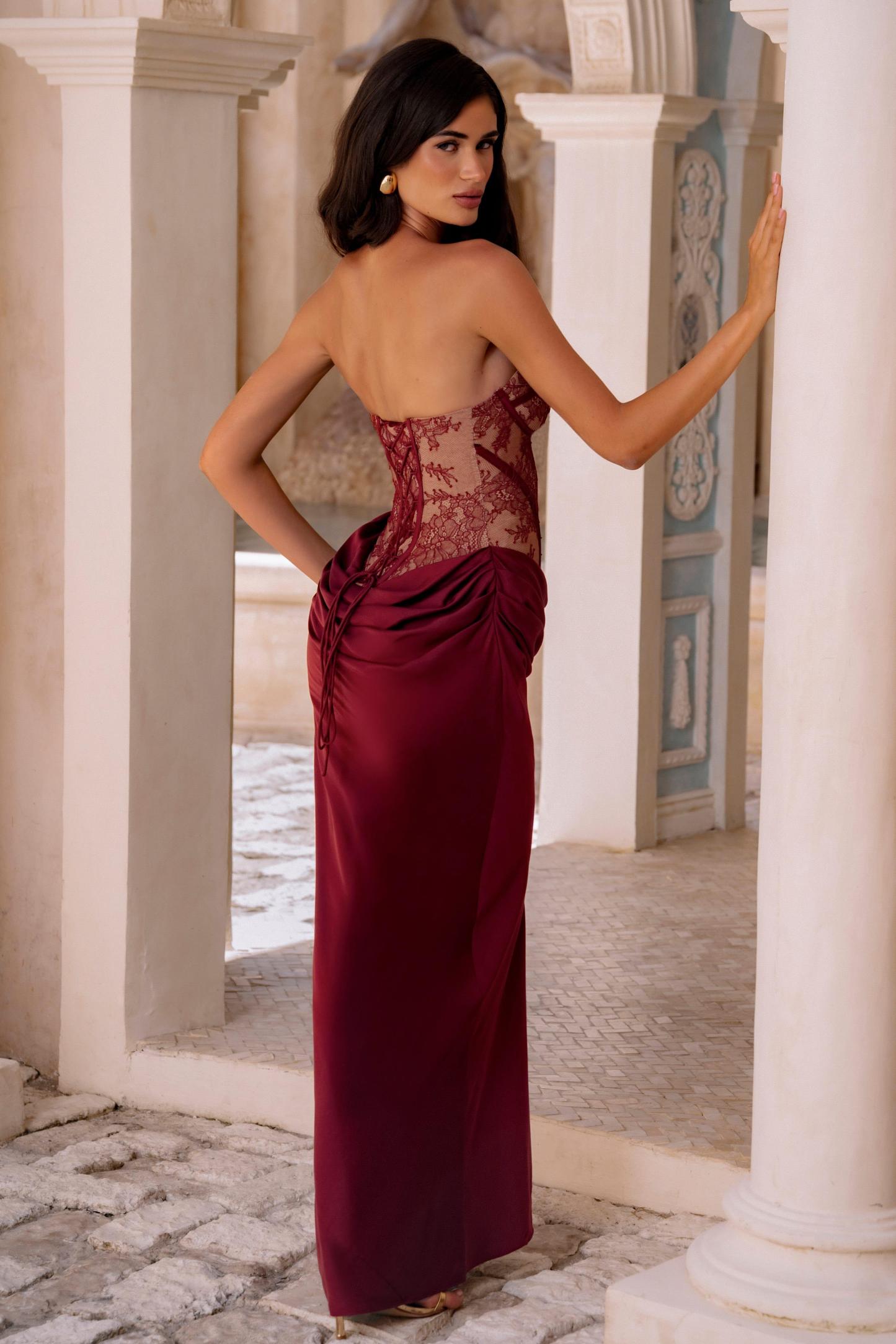 Lace Splicing Jersey Strapless Maxi Dress
