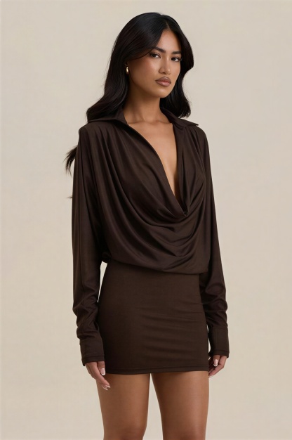 Solid Cowl Neckline Long Sleeve Mini Dress