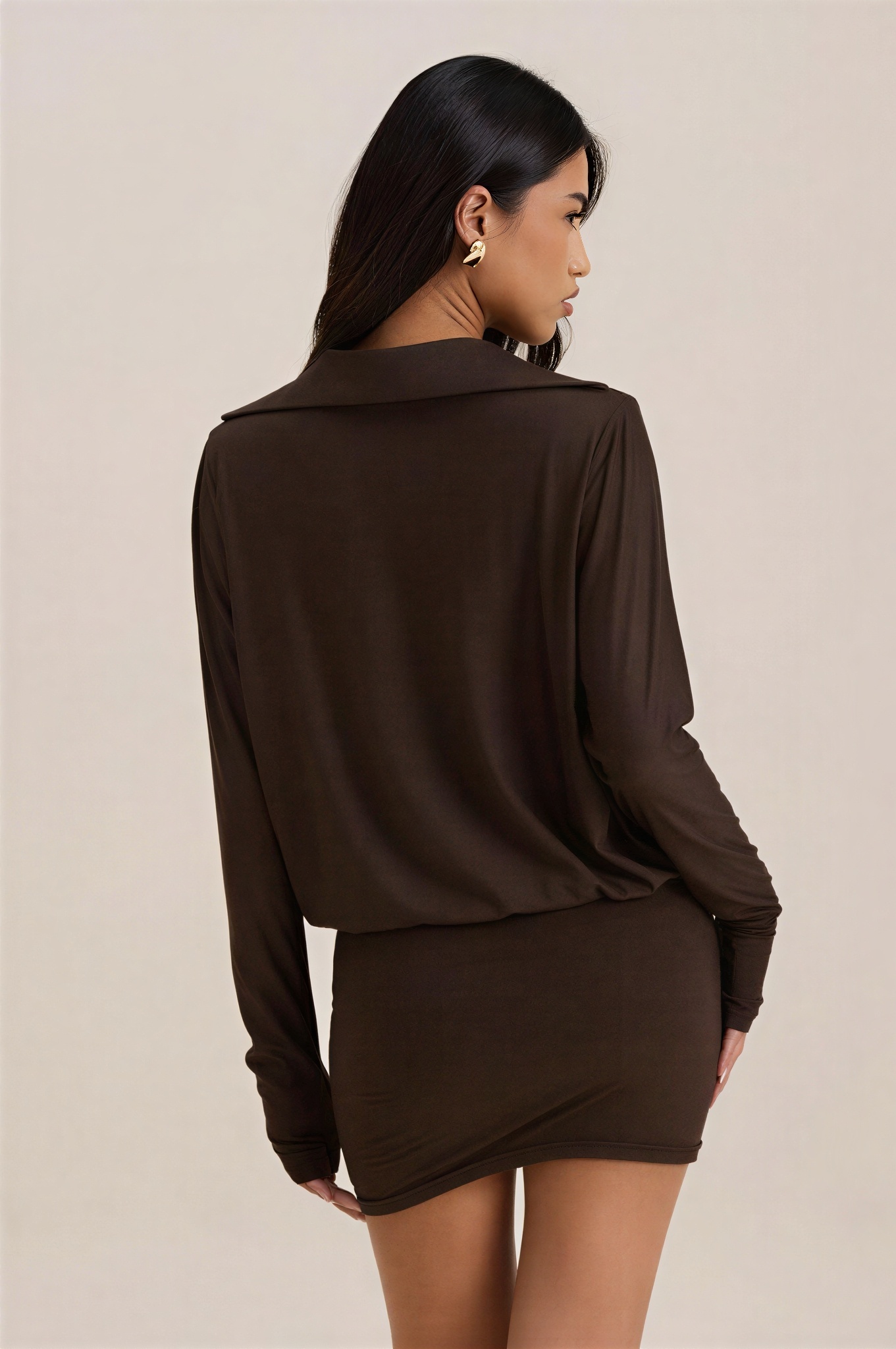 Solid Cowl Neckline Long Sleeve Mini Dress