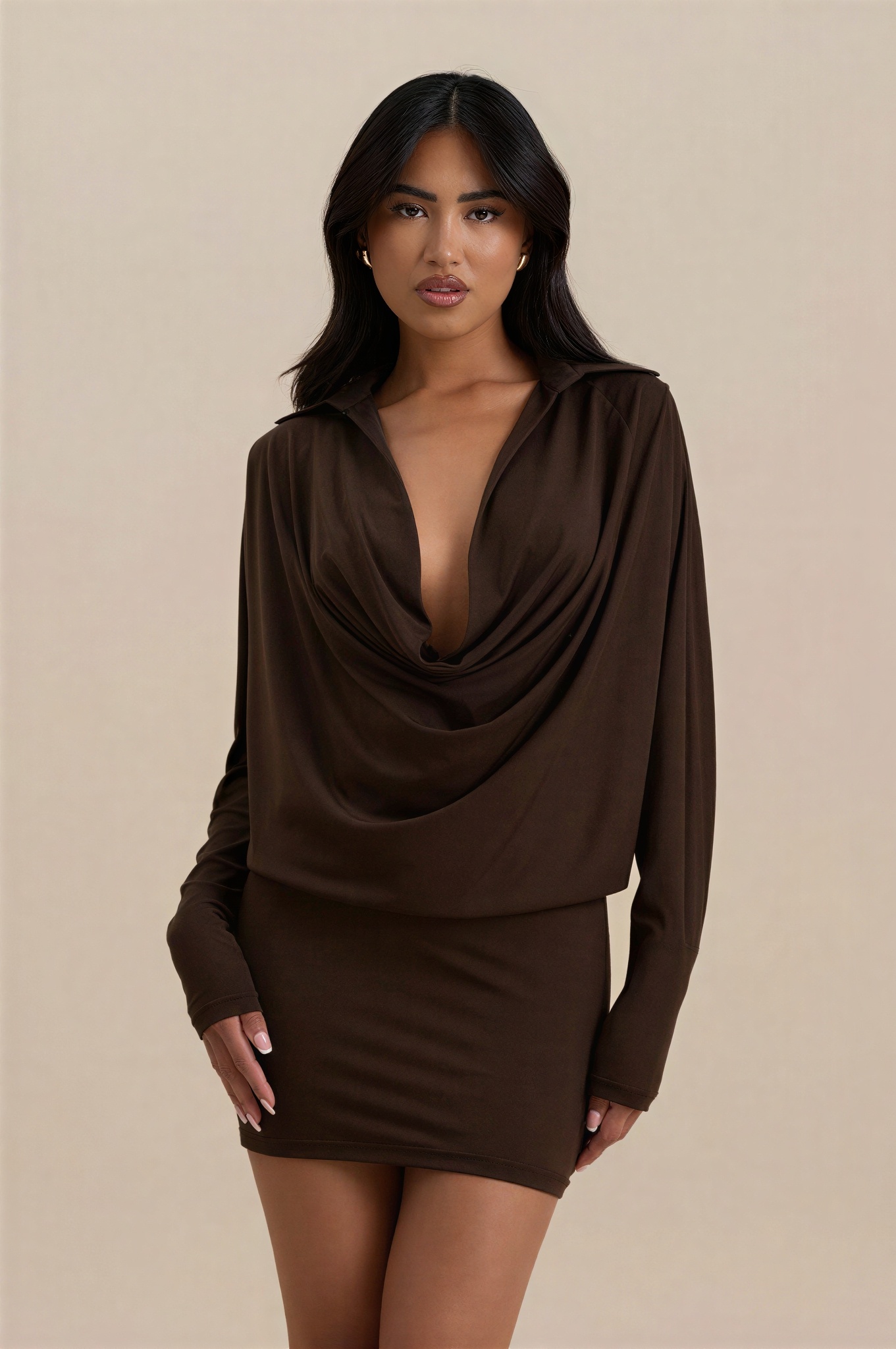 Solid Cowl Neckline Long Sleeve Mini Dress