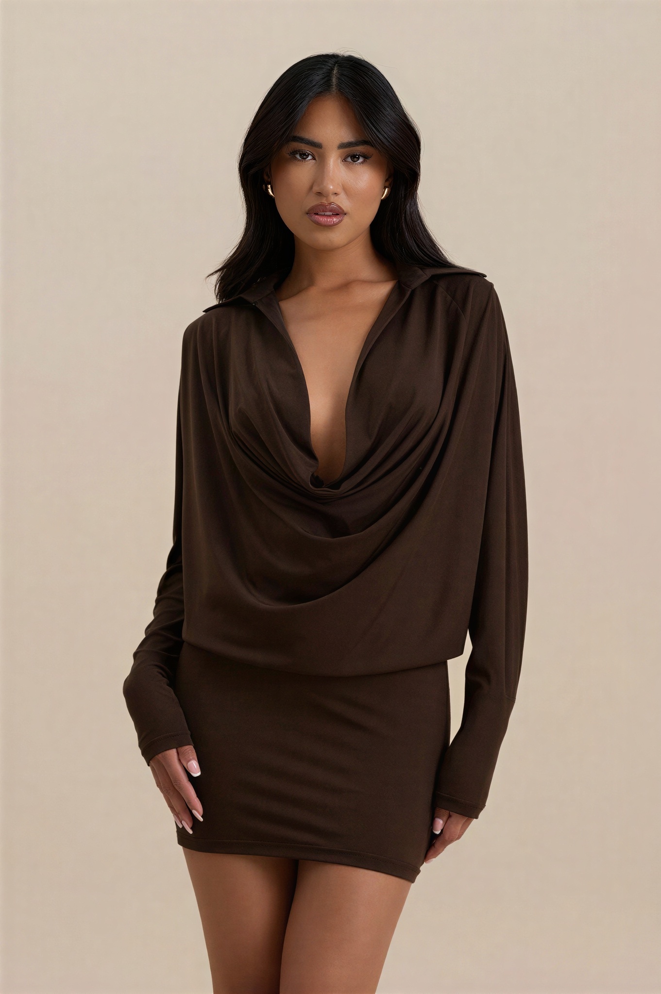 Solid Cowl Neckline Long Sleeve Mini Dress