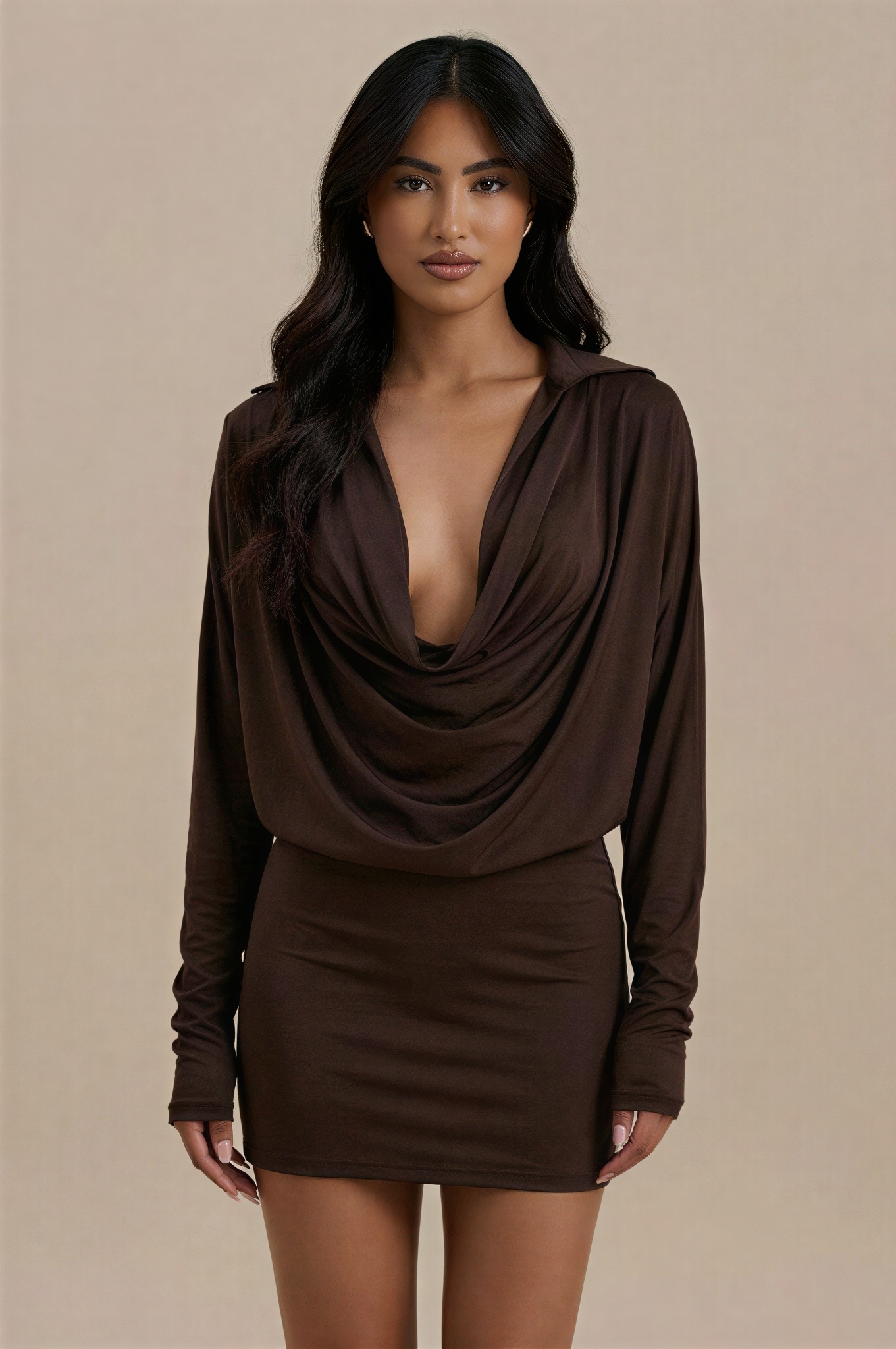 Solid Cowl Neckline Long Sleeve Mini Dress