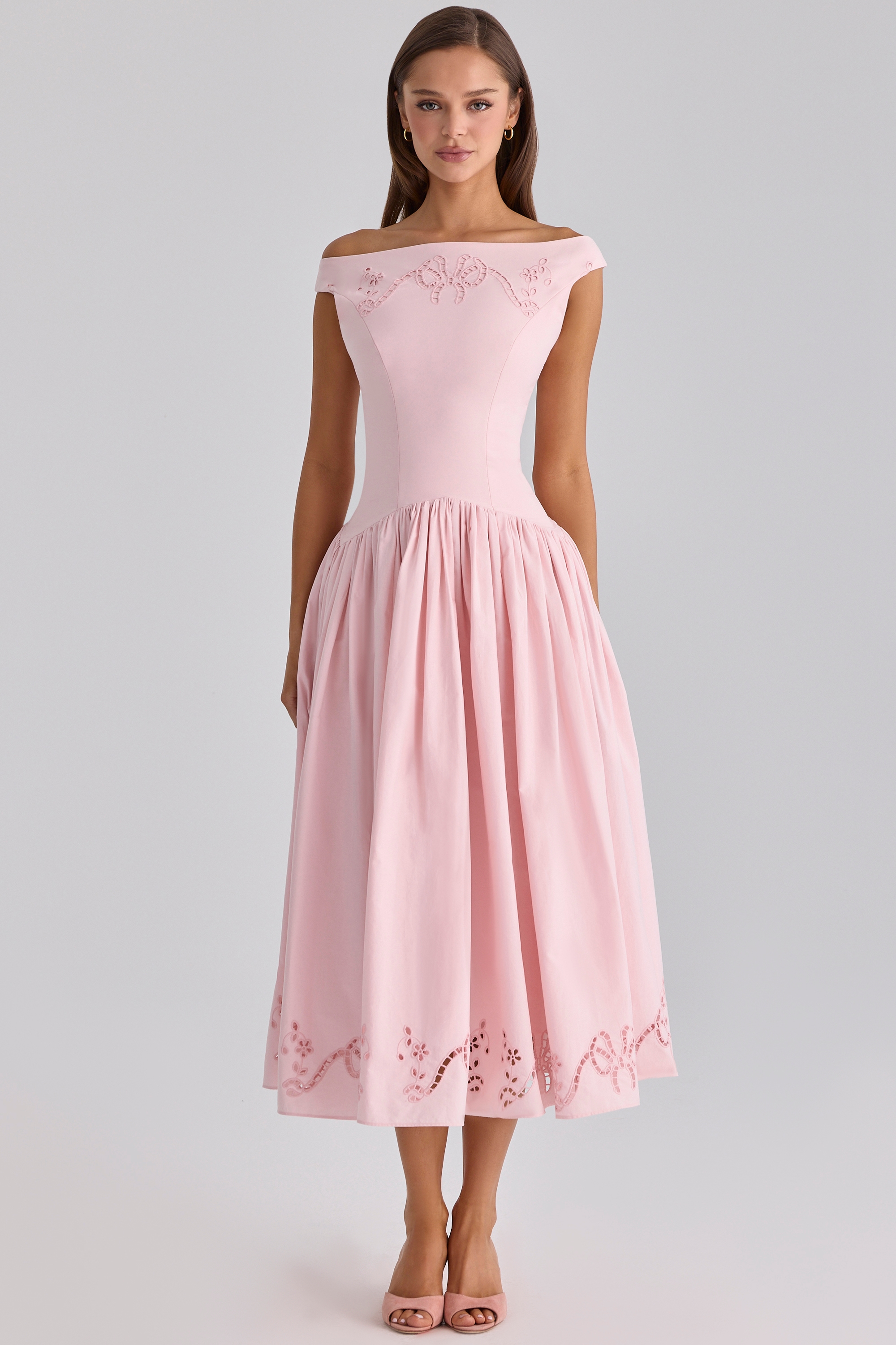 Solid Embroidered Boat Neck Midi Dress