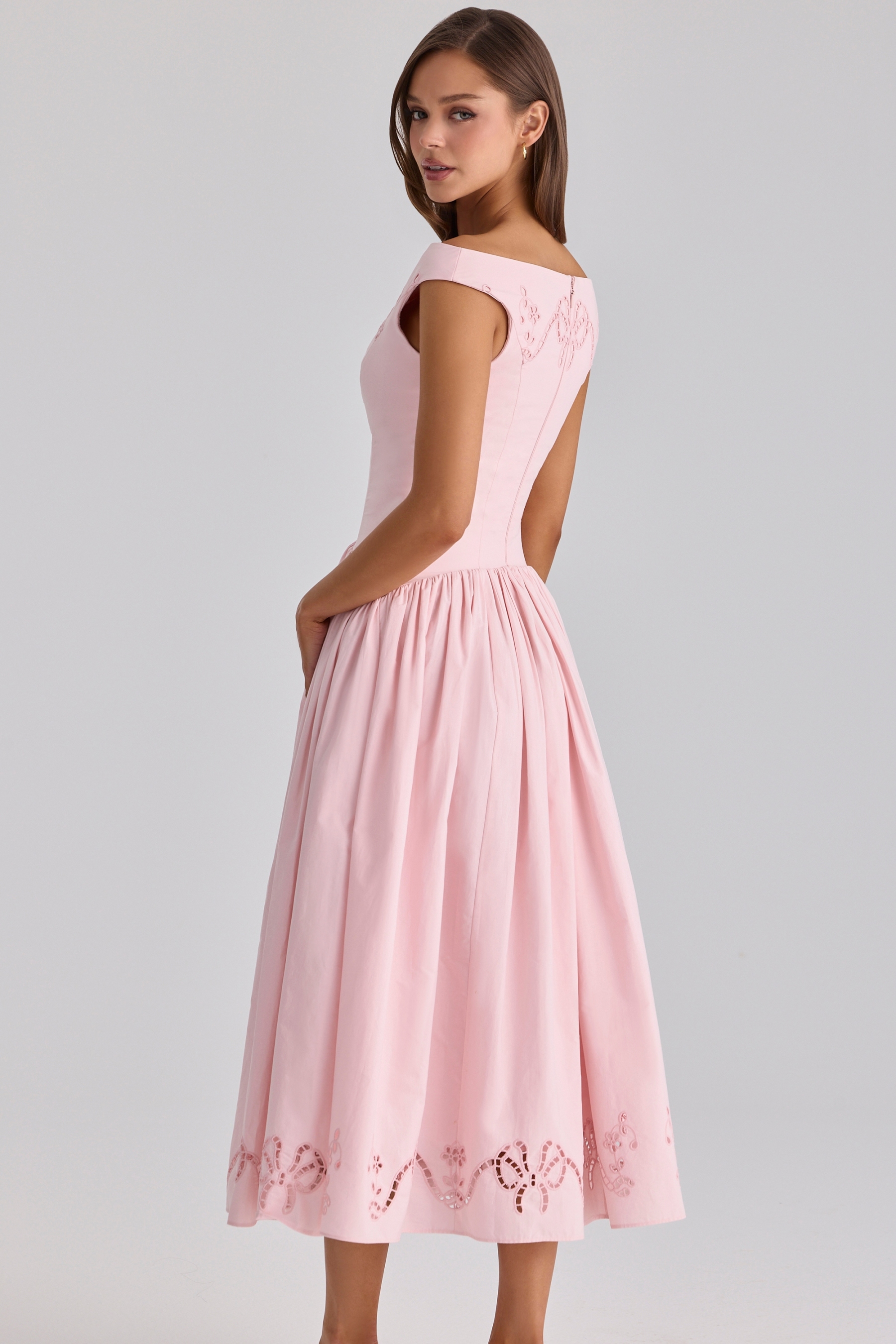 Solid Embroidered Boat Neck Midi Dress