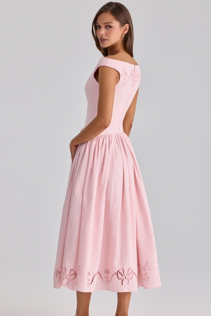 Solid Embroidered Boat Neck Midi Dress