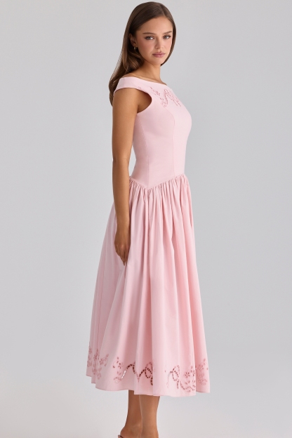 Solid Embroidered Boat Neck Midi Dress