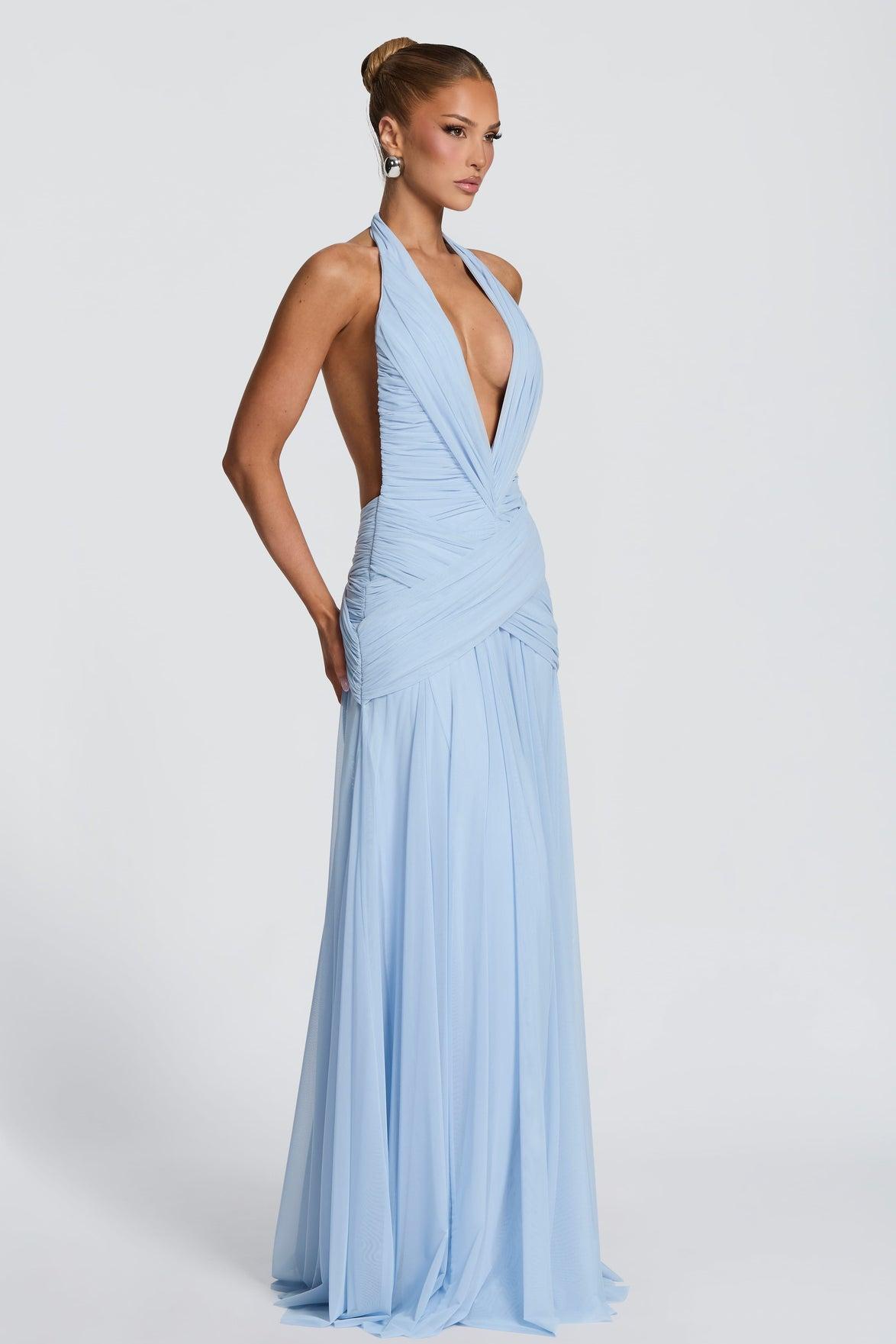 Mesh Gathering V-neck Maxi Dress