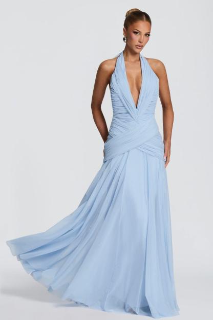 Mesh Gathering V-neck Maxi Dress