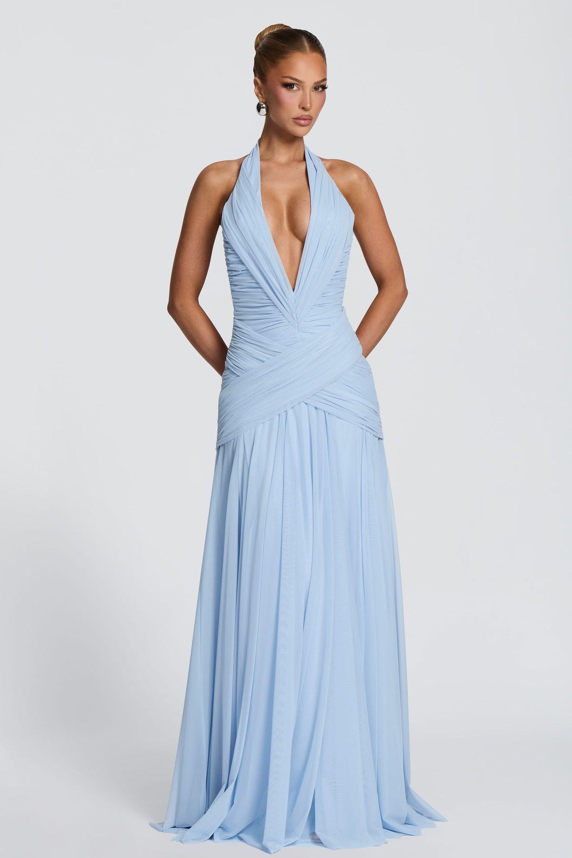 Mesh Gathering V-neck Maxi Dress