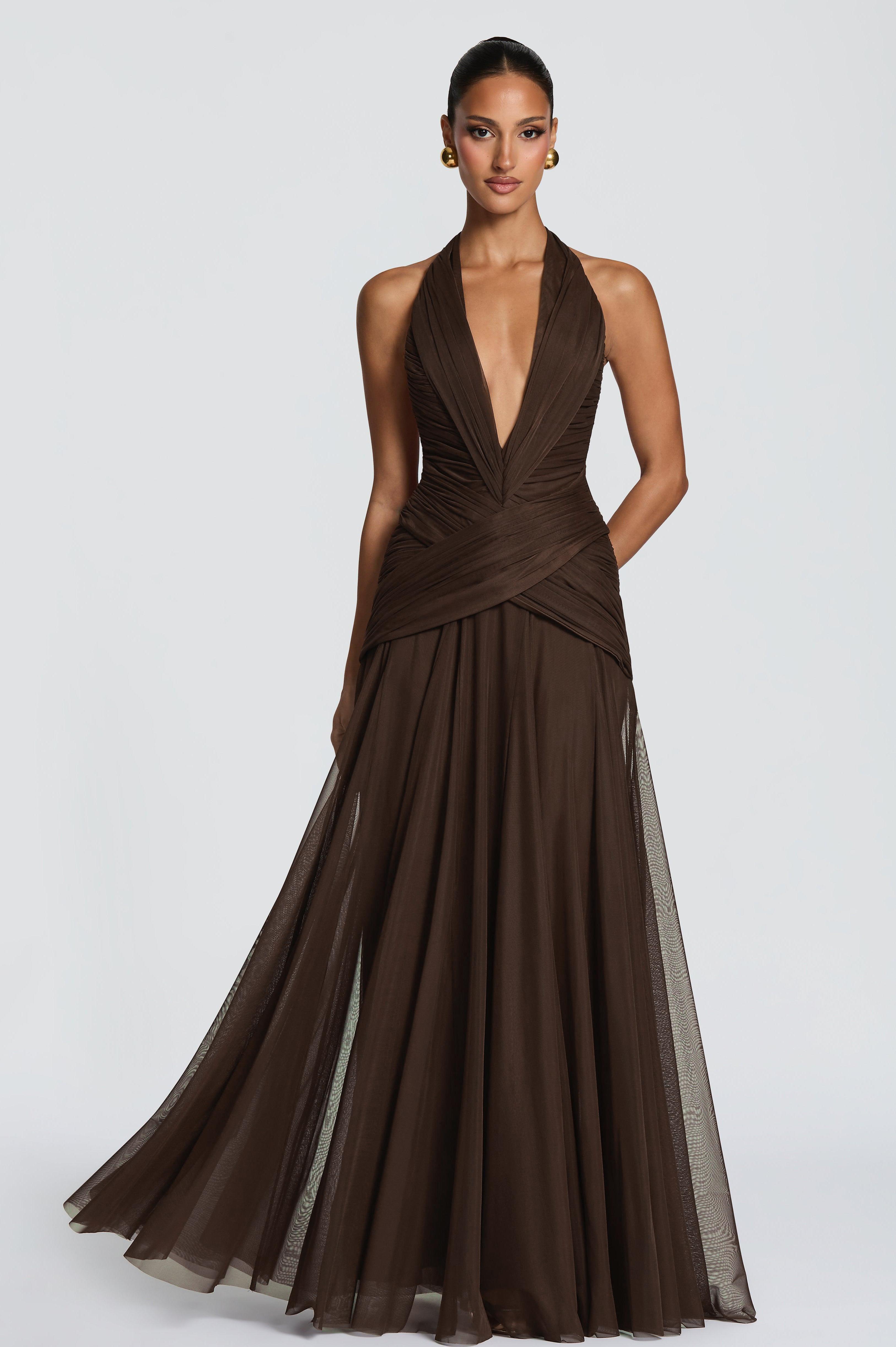 Mesh Gathering V-neck Maxi Dress