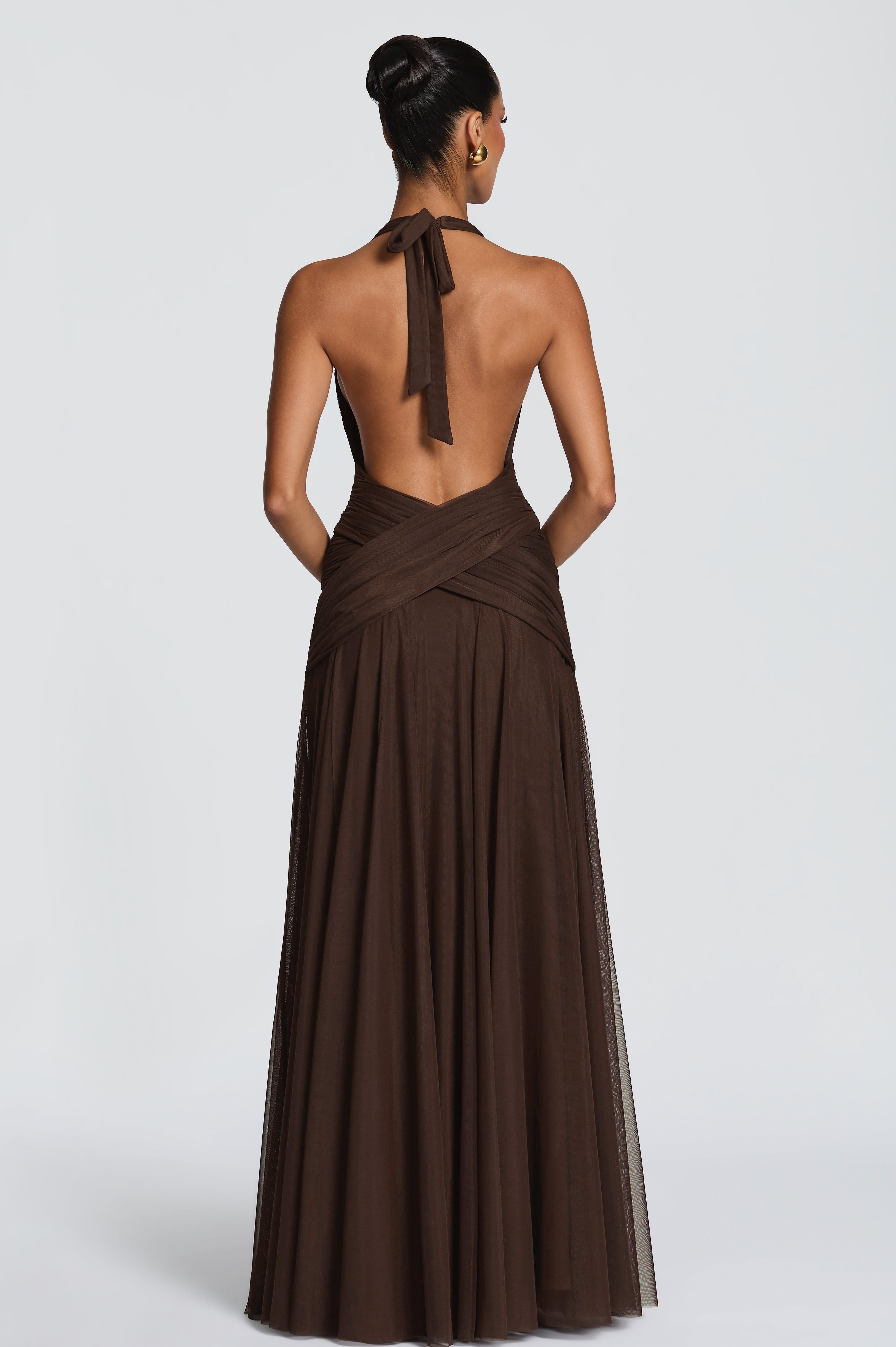 Mesh Gathering V-neck Maxi Dress