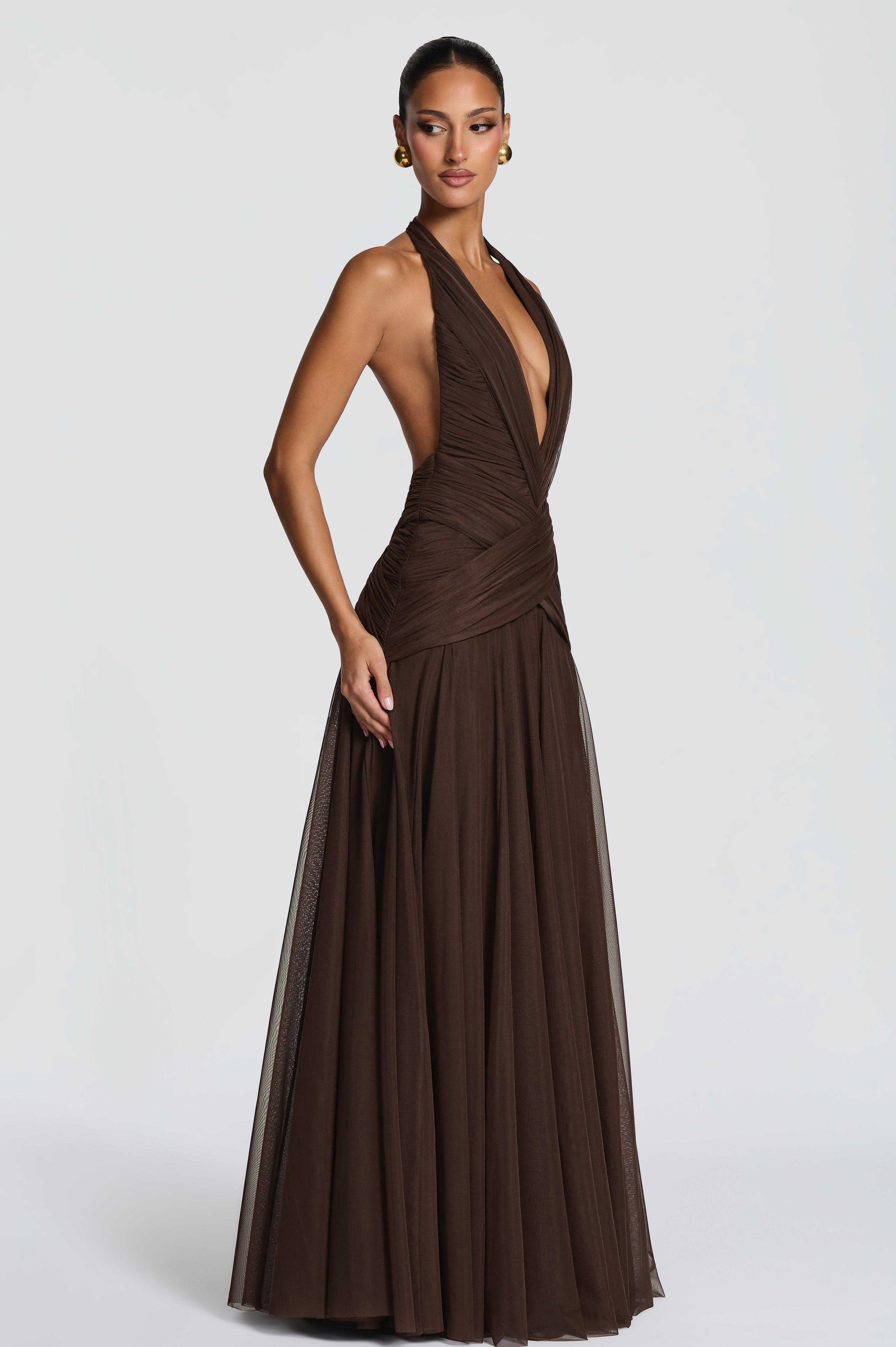 Mesh Gathering V-neck Maxi Dress