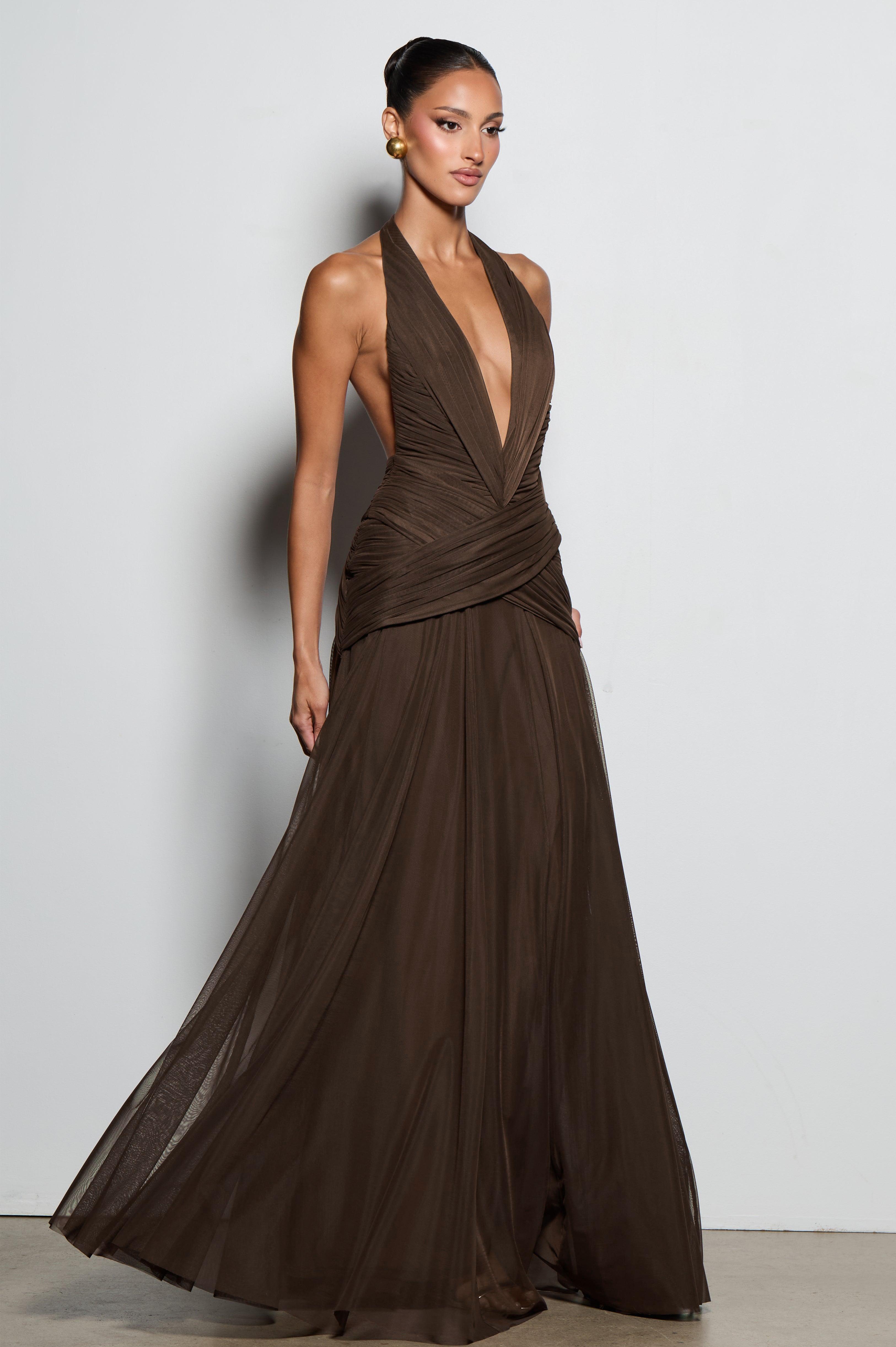 Mesh Gathering V-neck Maxi Dress