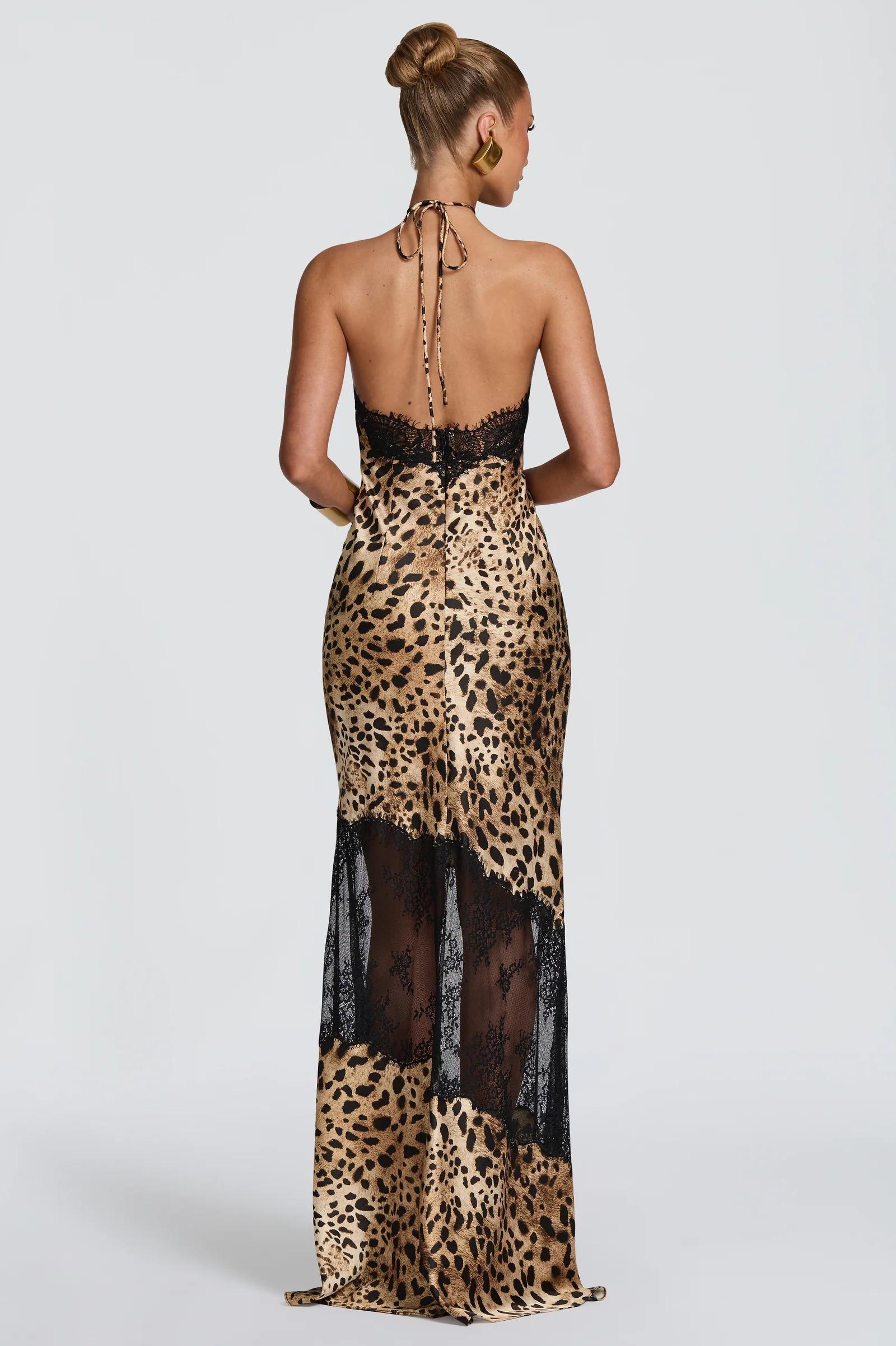 Leopard Print Splicing Lace Halter Neck Maxi Dress