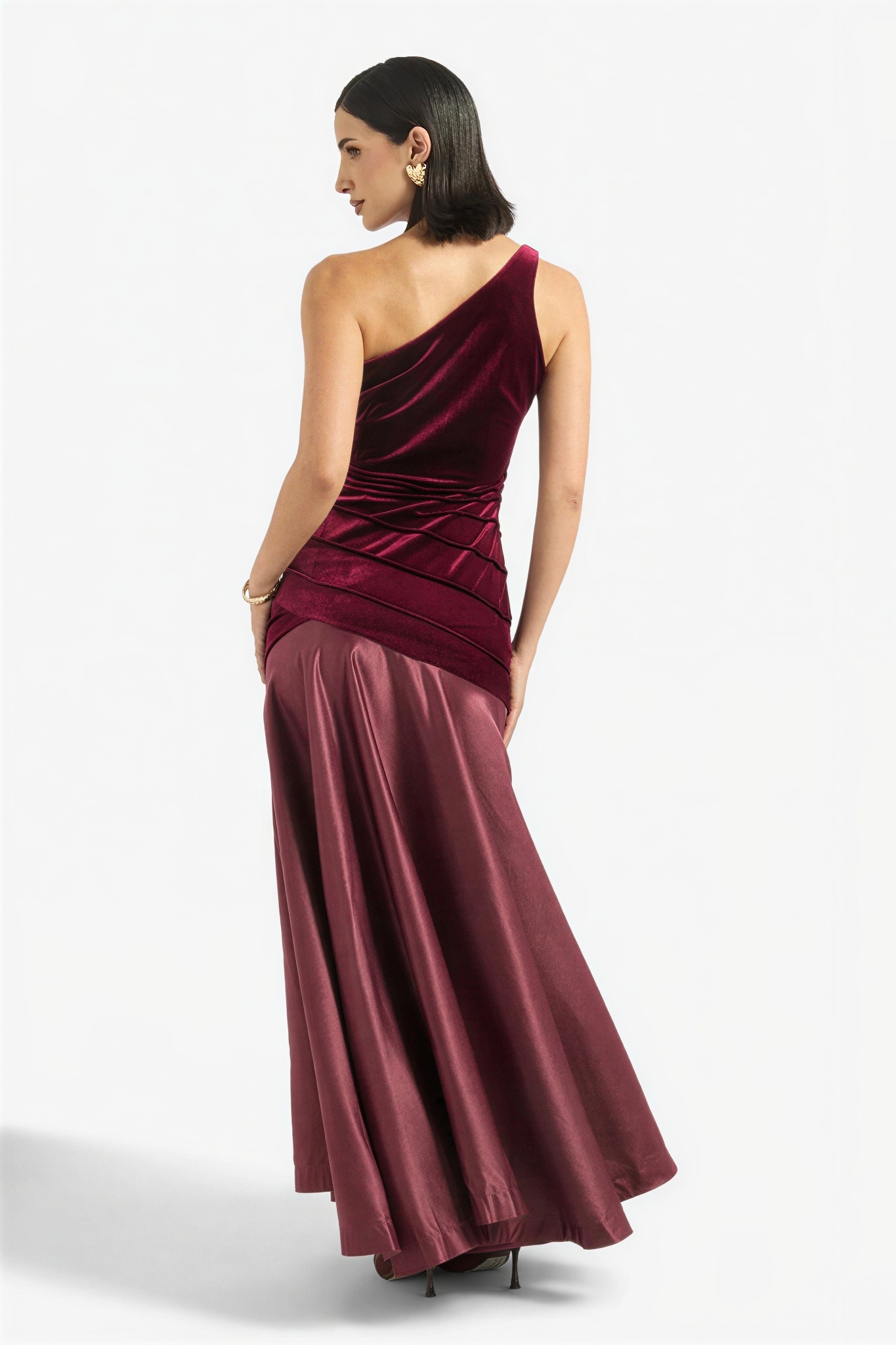 Velvet Splicing Satin One Shoulder Maxi Dress