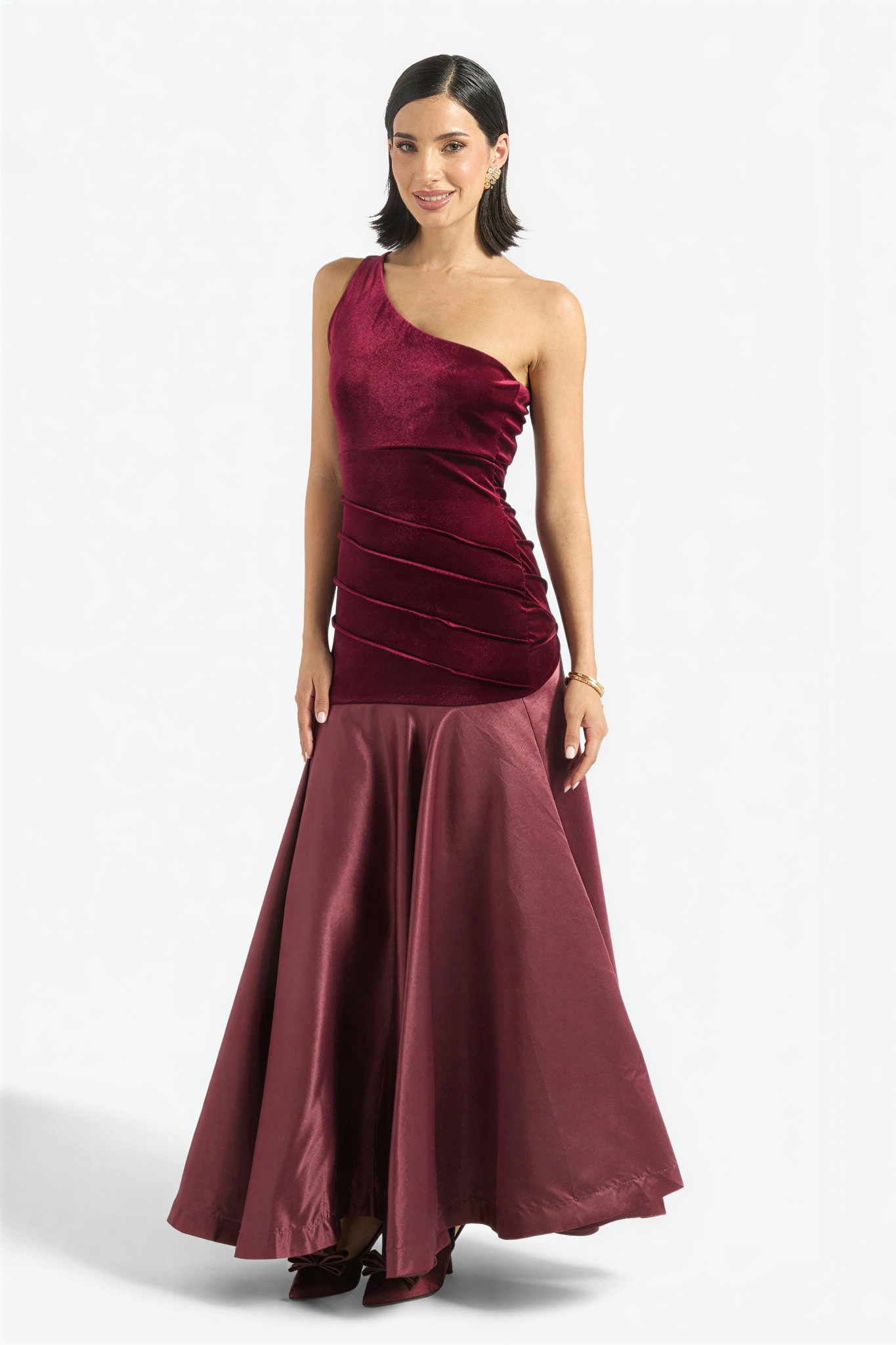 Velvet Splicing Satin One Shoulder Maxi Dress