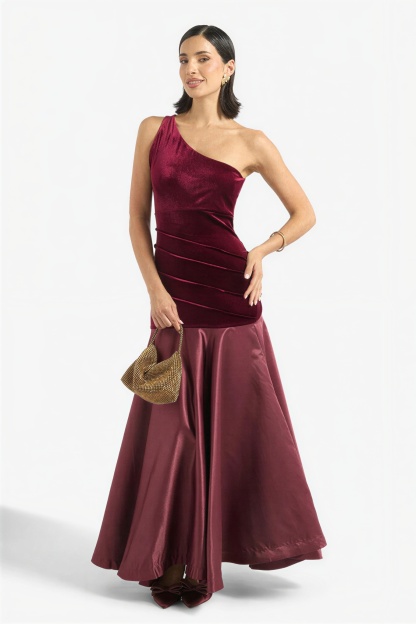 Velvet Splicing Satin One Shoulder Maxi Dress