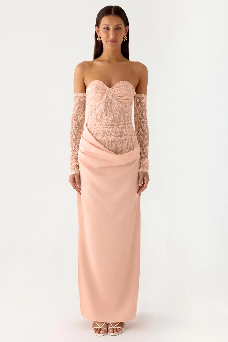 Lace Splicing Satin Off-Shoulder Maxi Dress