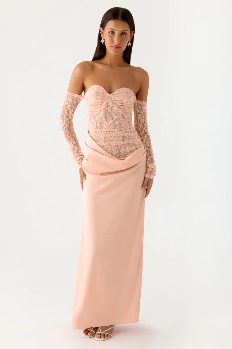 Lace Splicing Satin Off-Shoulder Maxi Dress