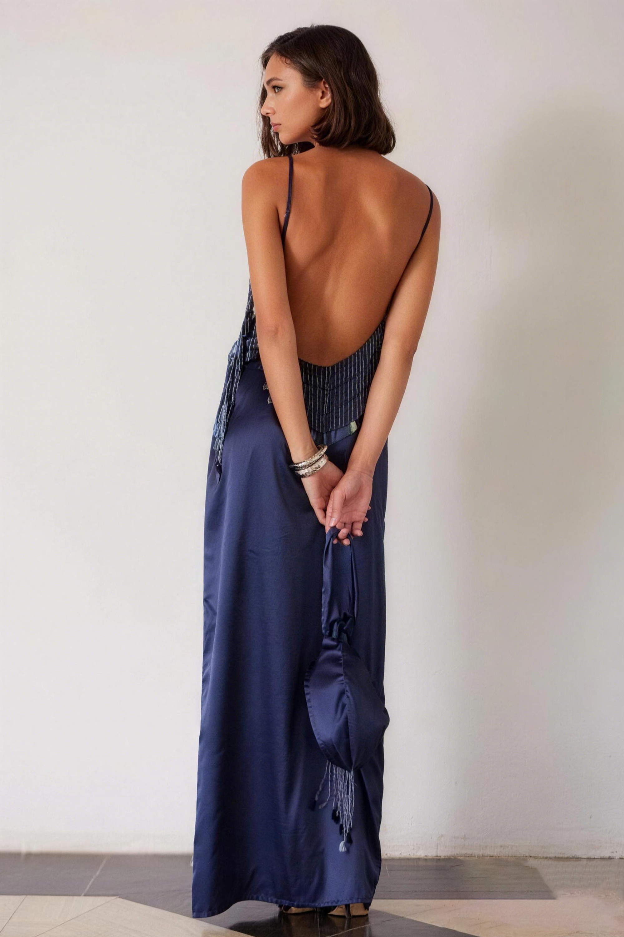Satin Beaded Tassel Maxi Dress