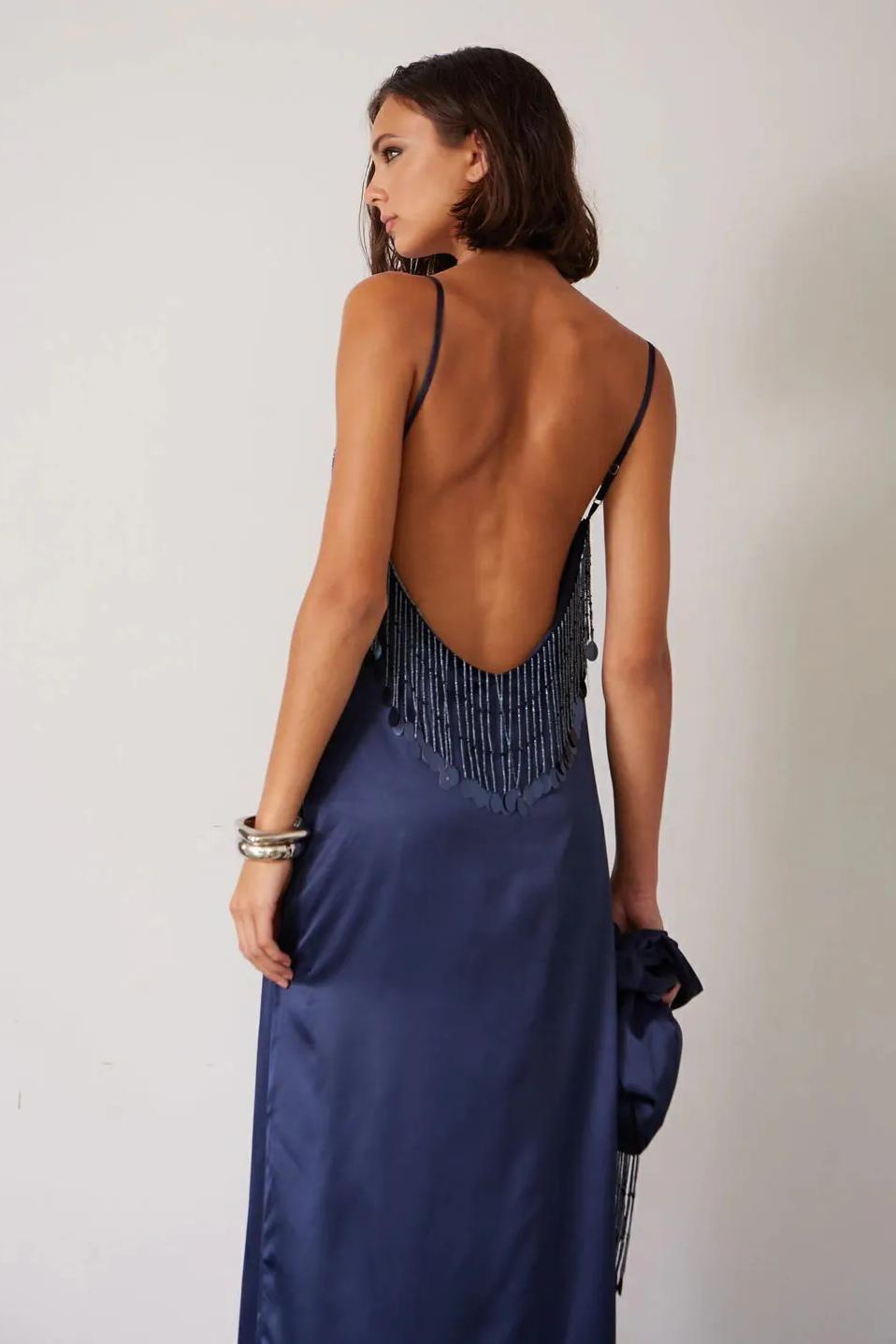 Satin Beaded Tassel Maxi Dress
