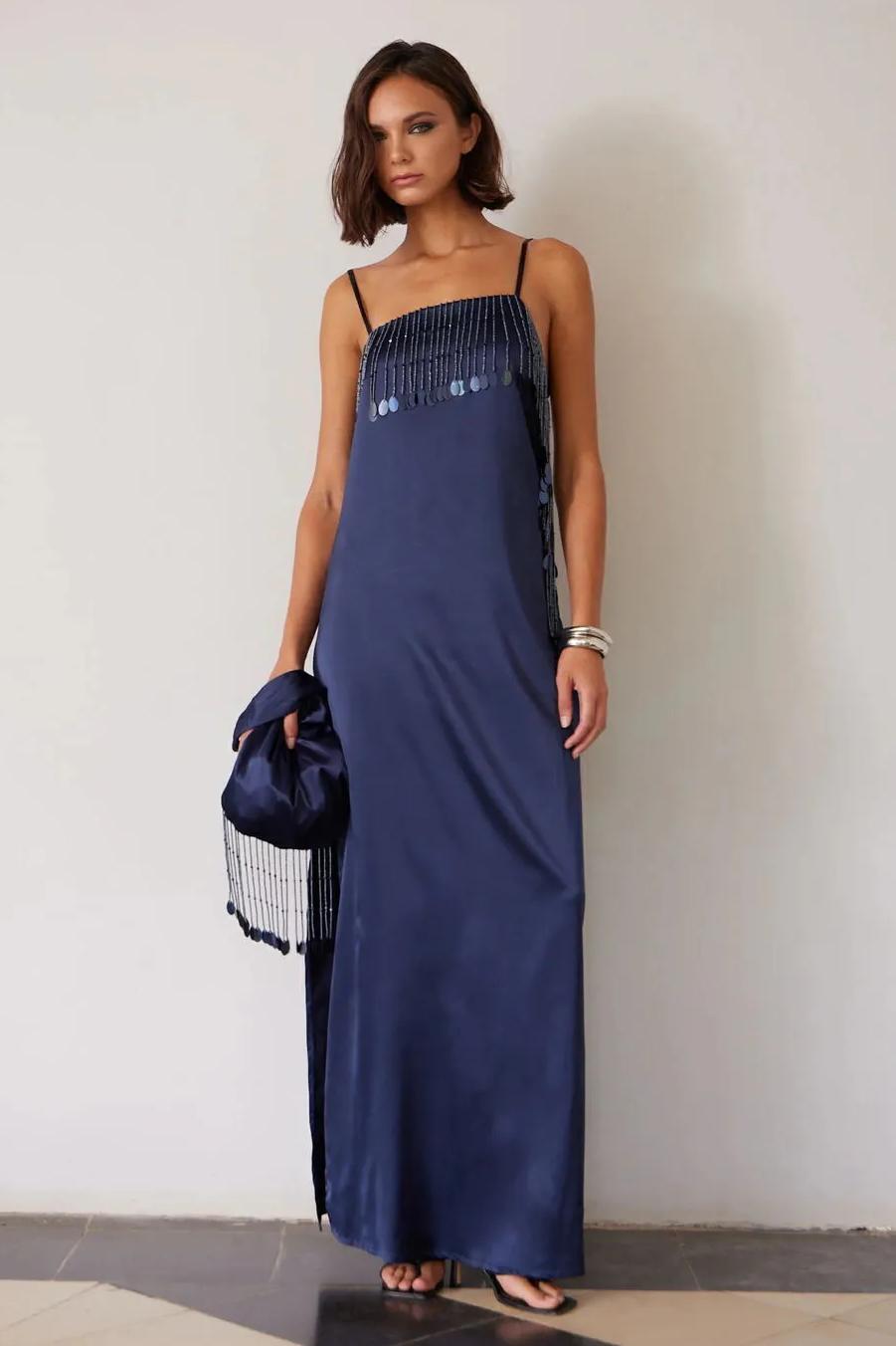 Satin Beaded Tassel Maxi Dress