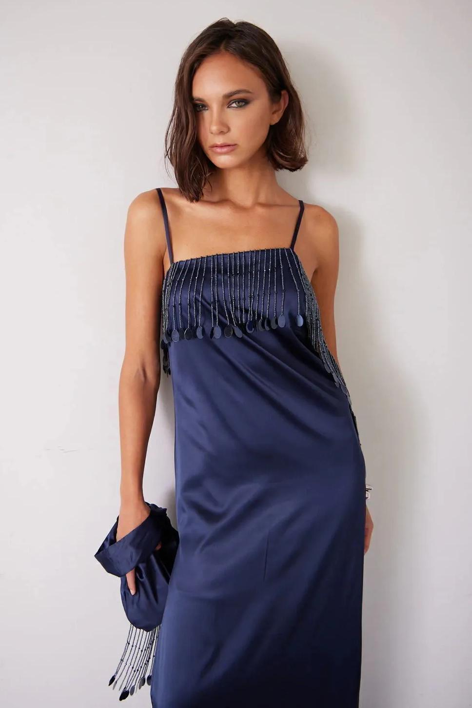 Satin Beaded Tassel Maxi Dress