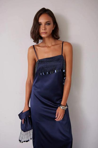 Satin Beaded Tassel Maxi Dress