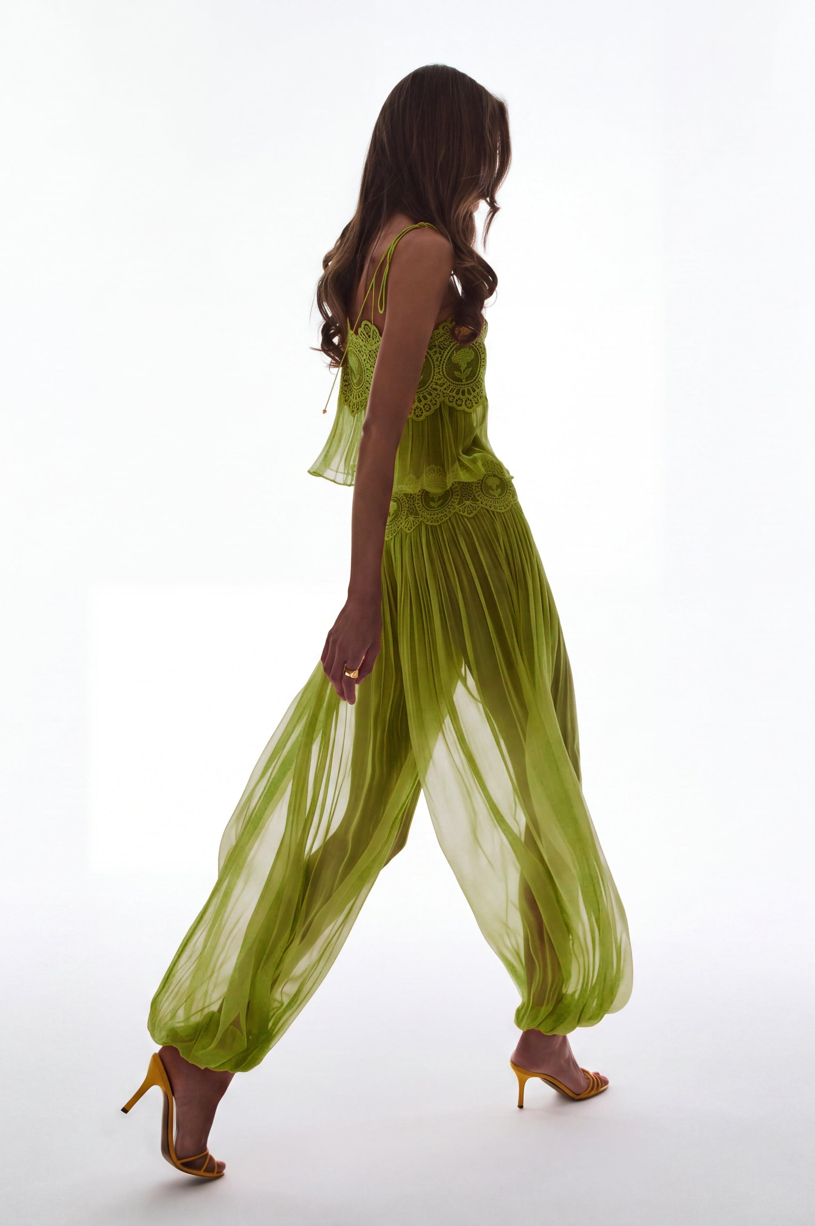 Chiffon Lace See-Through Top & Low Waist Pants Set