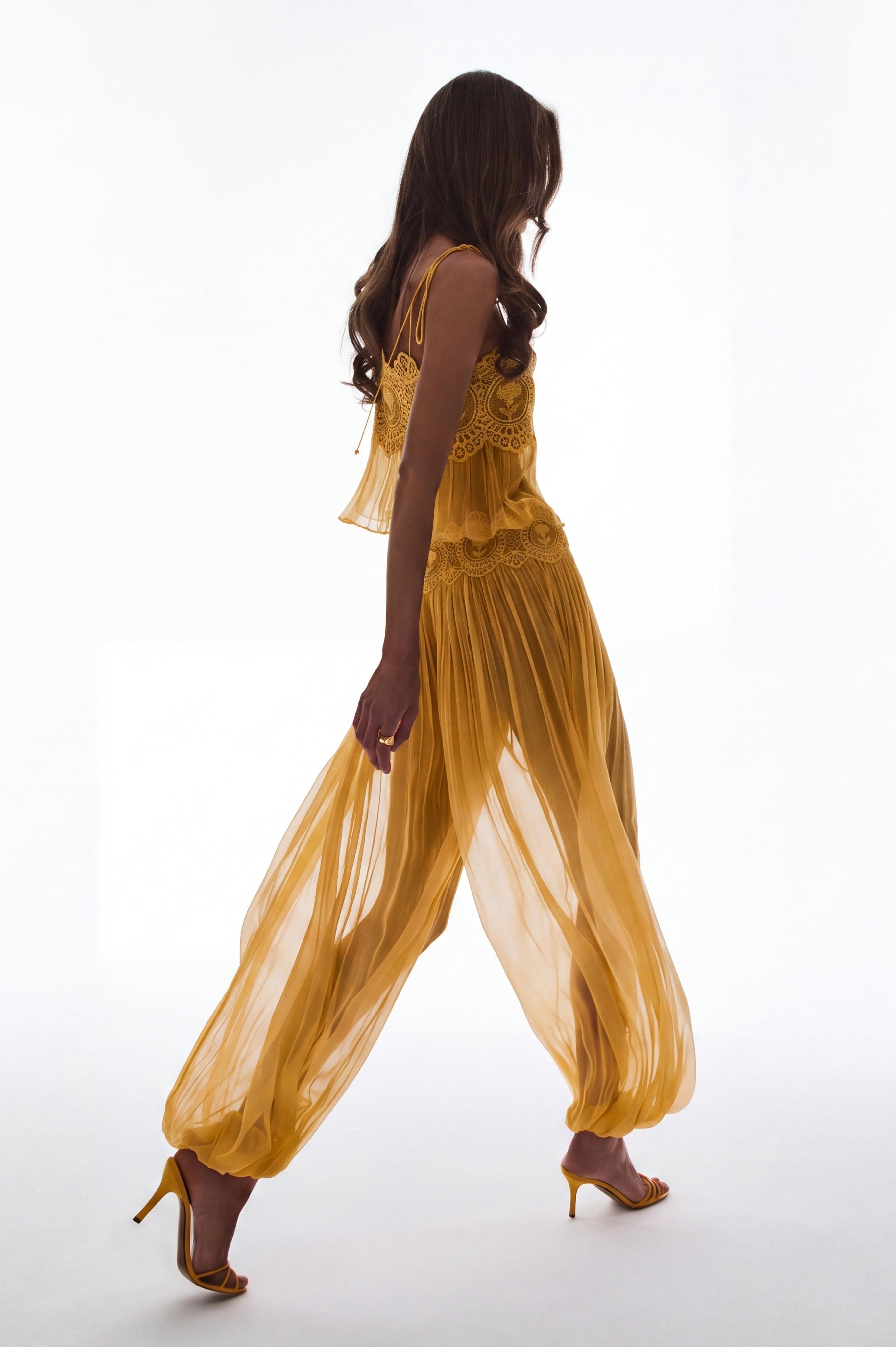 Chiffon Lace See-Through Top & Low Waist Pants Set