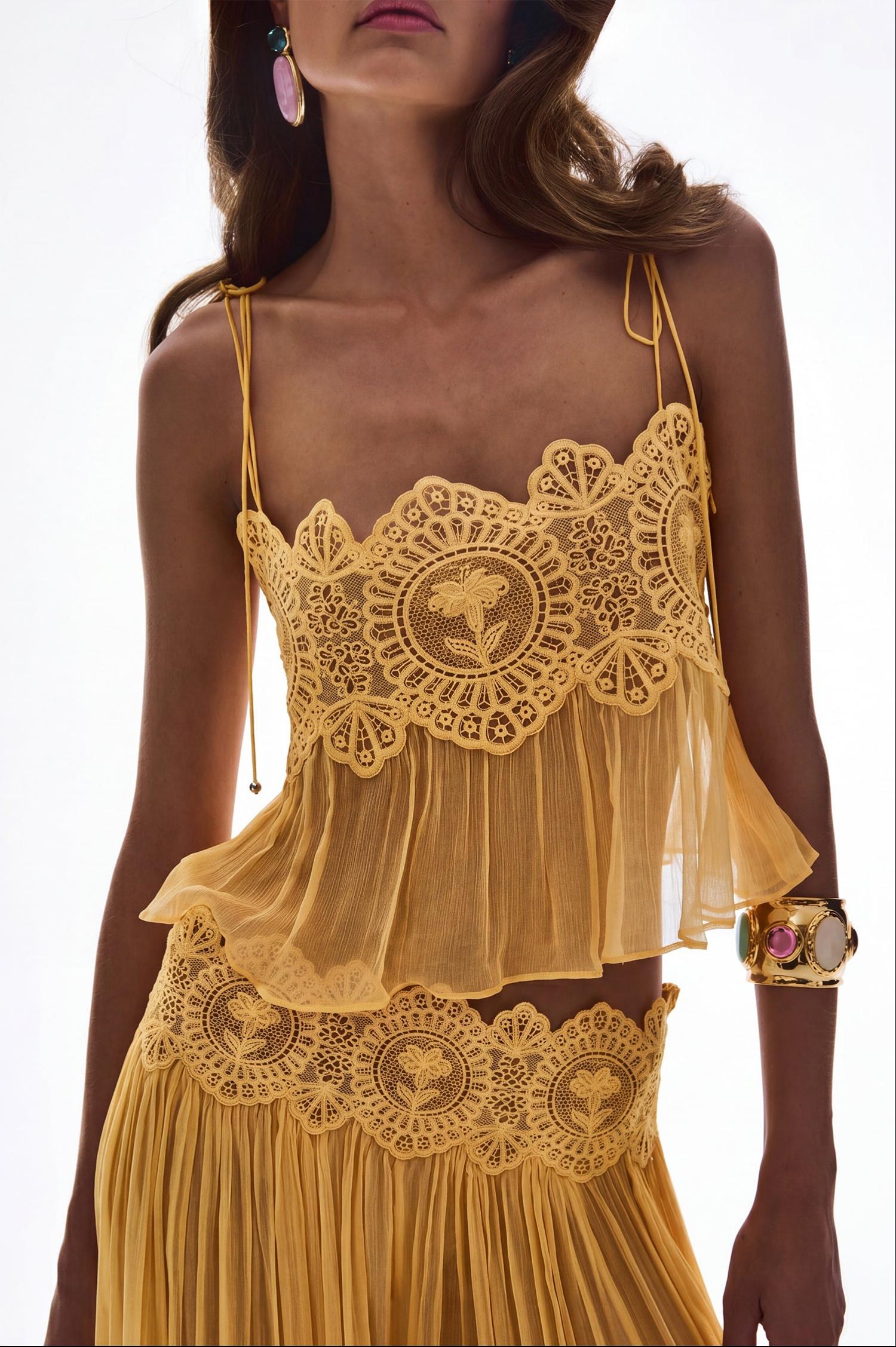 Chiffon Lace See-Through Top & Low Waist Pants Set