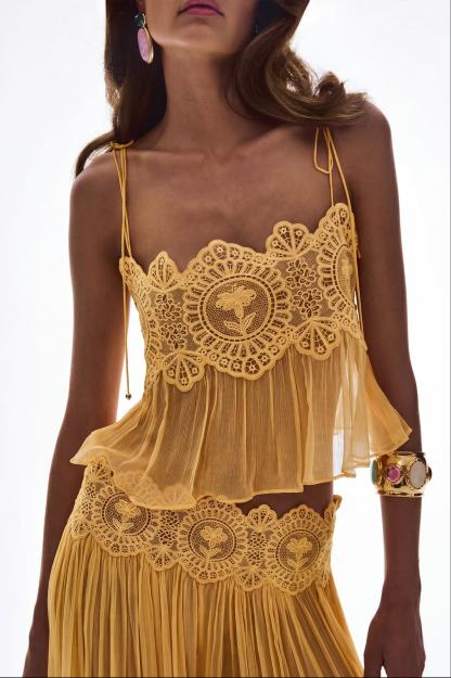 Chiffon Lace See-Through Top & Low Waist Pants Set