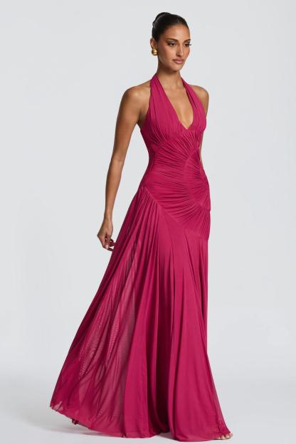 Mesh Gathering Halter Neck Maxi Dress